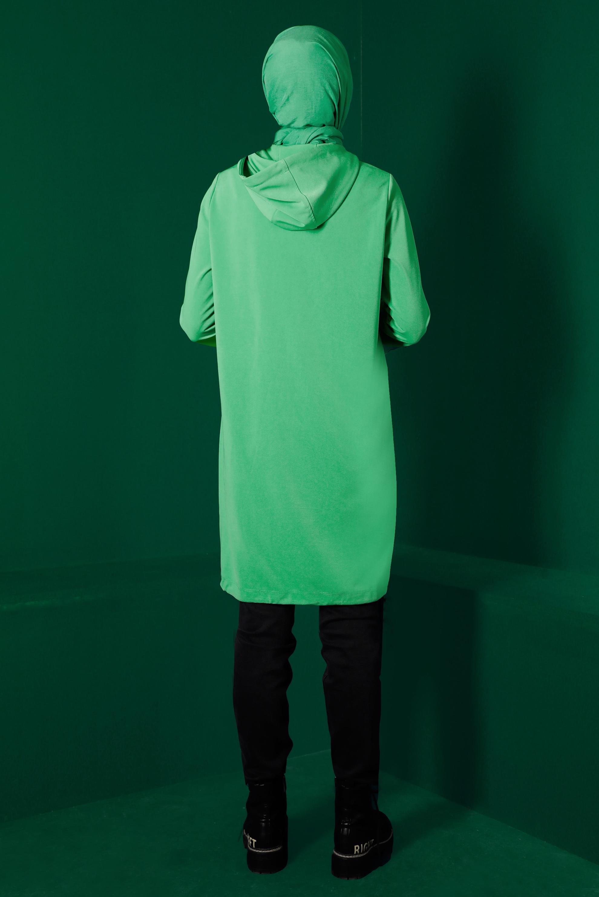 Tesettür giyim YEŞİL KAPÜŞONLU FERMUARLI EŞOFMAN TUNİK 43303