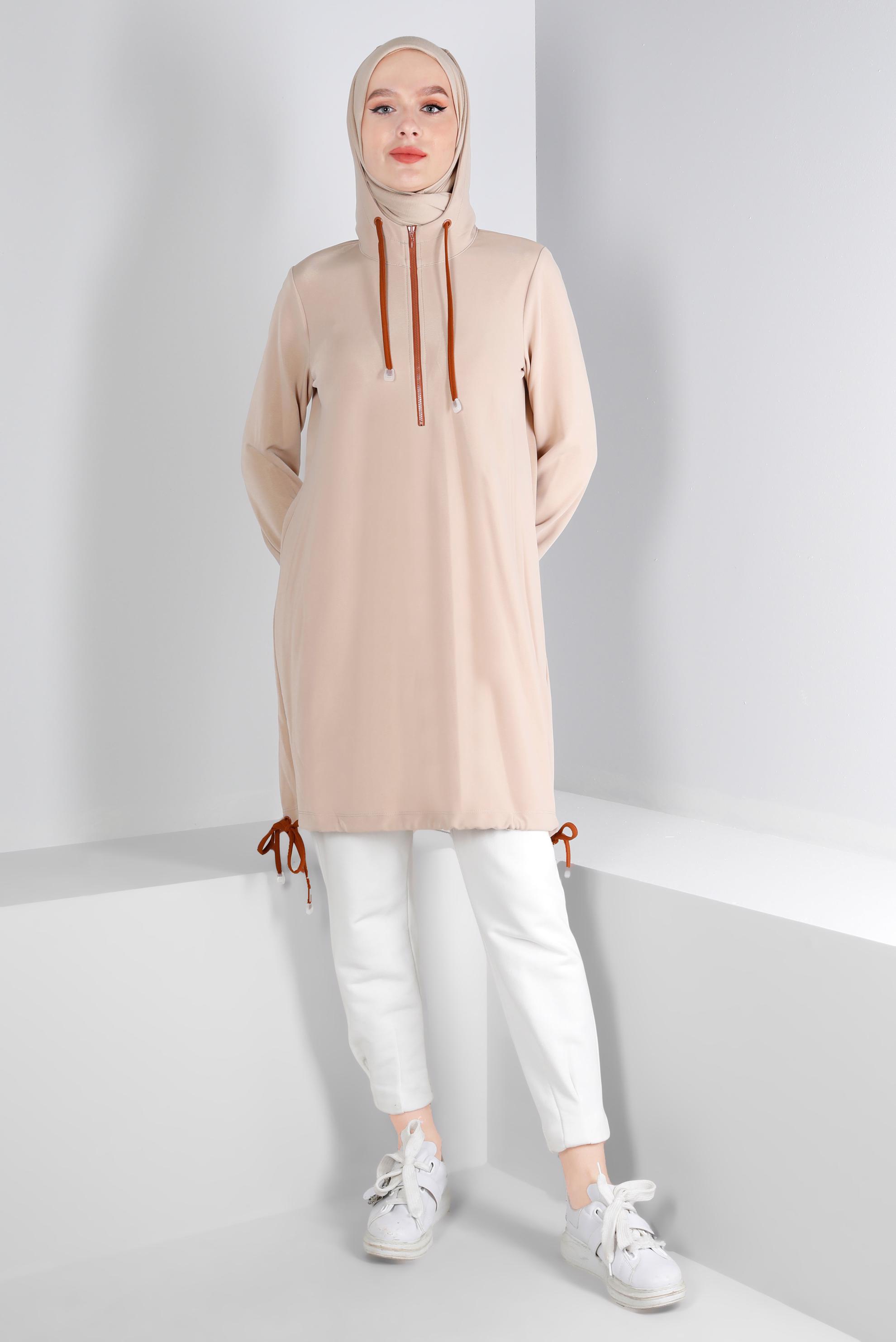 Tesettür giyim KUM KAPÜŞONLU FERMUARLI EŞOFMAN TUNİK 43303