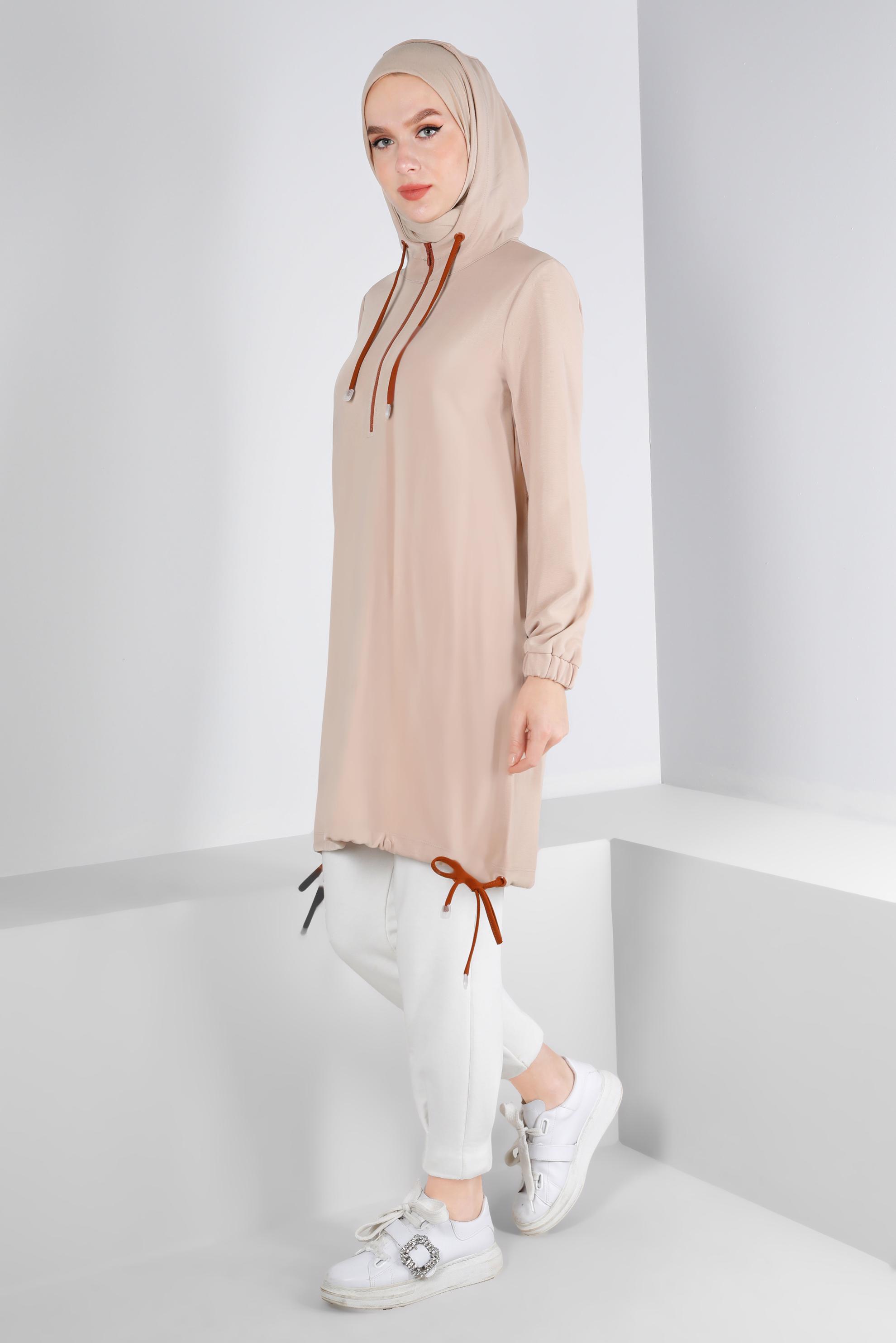 Tesettür giyim KUM KAPÜŞONLU FERMUARLI EŞOFMAN TUNİK 43303