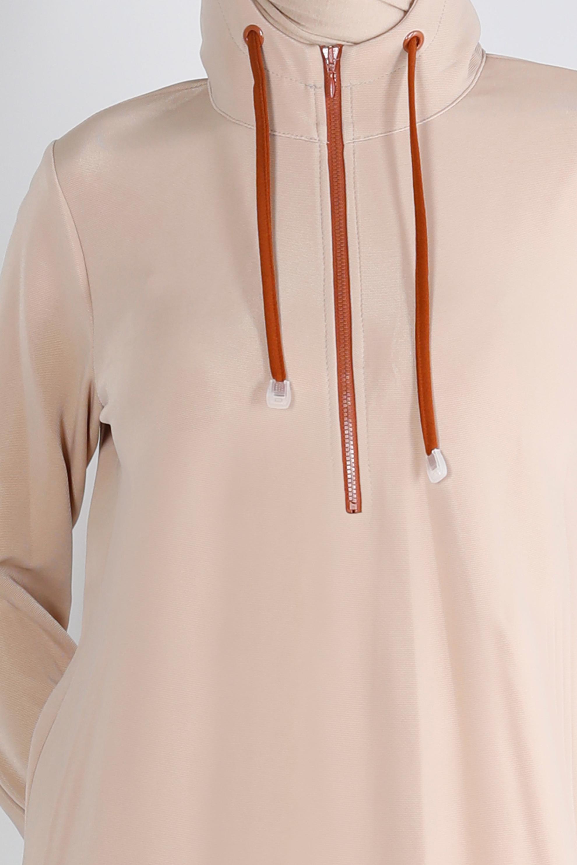 Tesettür giyim KUM KAPÜŞONLU FERMUARLI EŞOFMAN TUNİK 43303