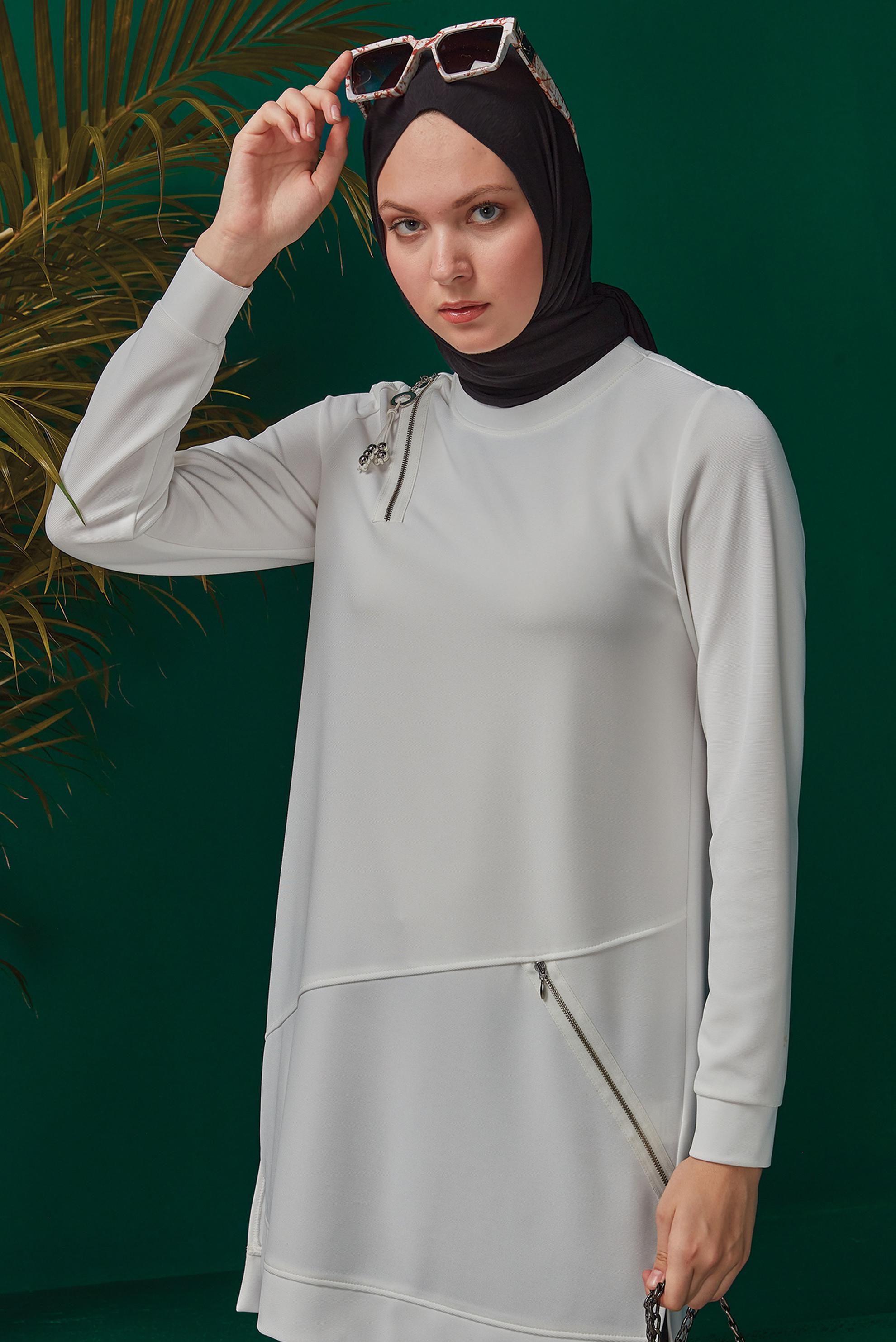 Tesettür giyim BEYAZ FERMUAR DETAYLI EŞOFMAN TUNİK 43304 