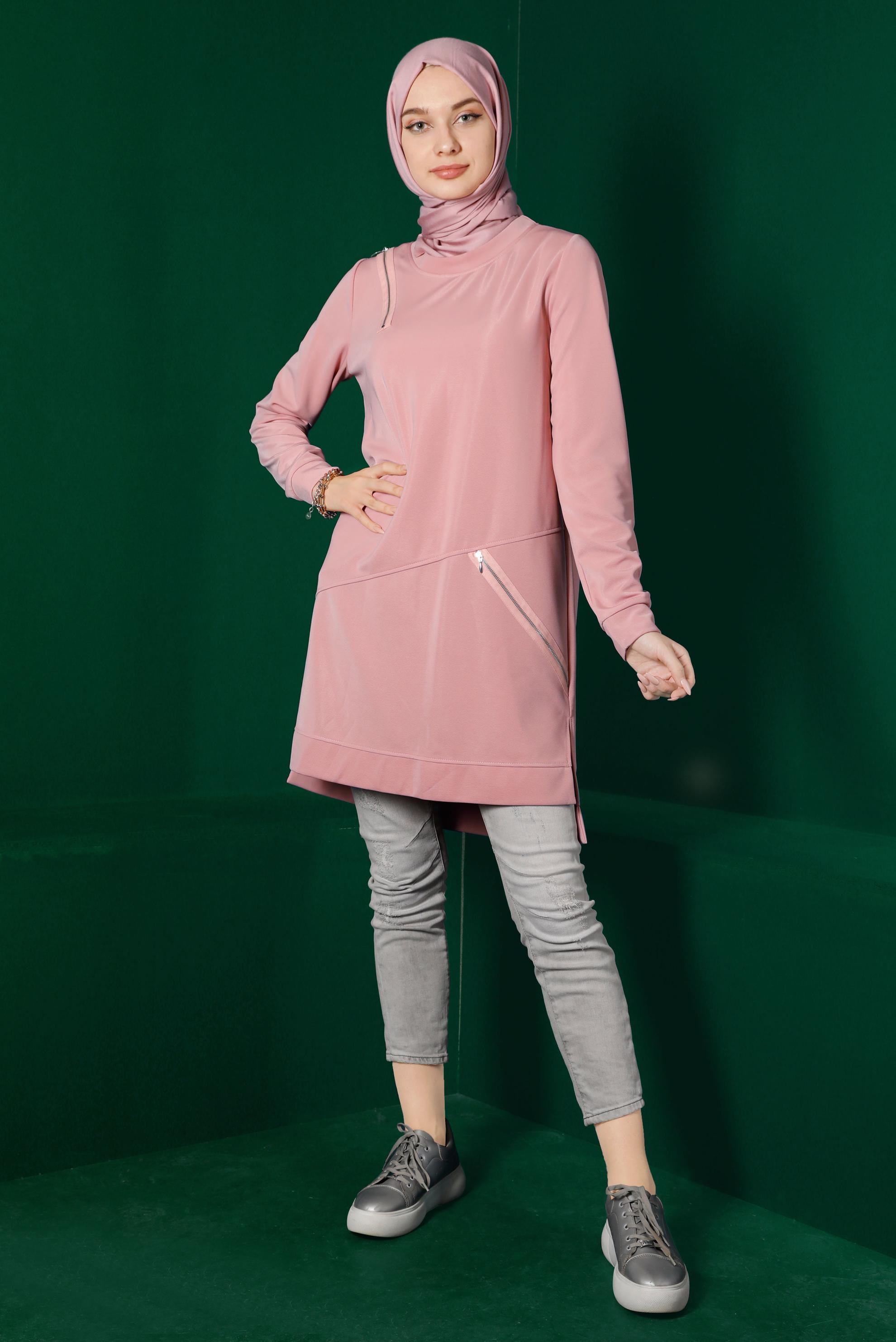 Tesettür giyim PUDRA FERMUAR DETAYLI EŞOFMAN TUNİK 43304 