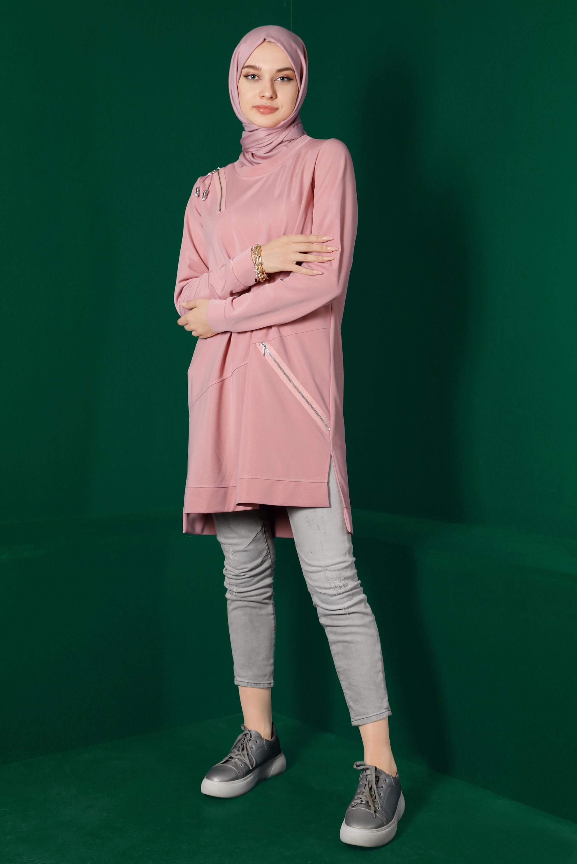 Tesettür giyim PUDRA FERMUAR DETAYLI EŞOFMAN TUNİK 43304 