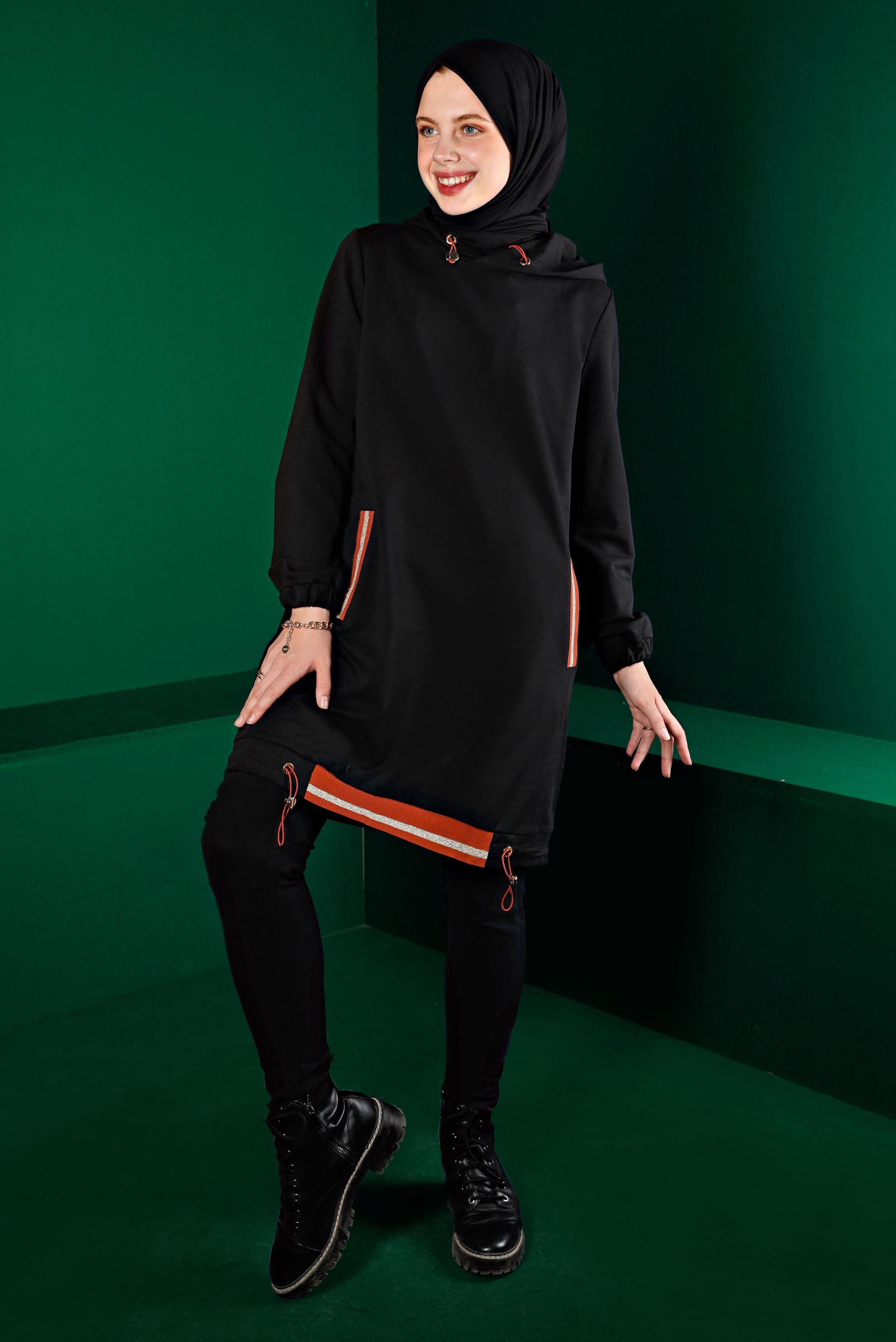 Tesettür giyim SİYAH ETEK UCU BÜZGÜLÜ EŞOFMAN TUNİK 43305 