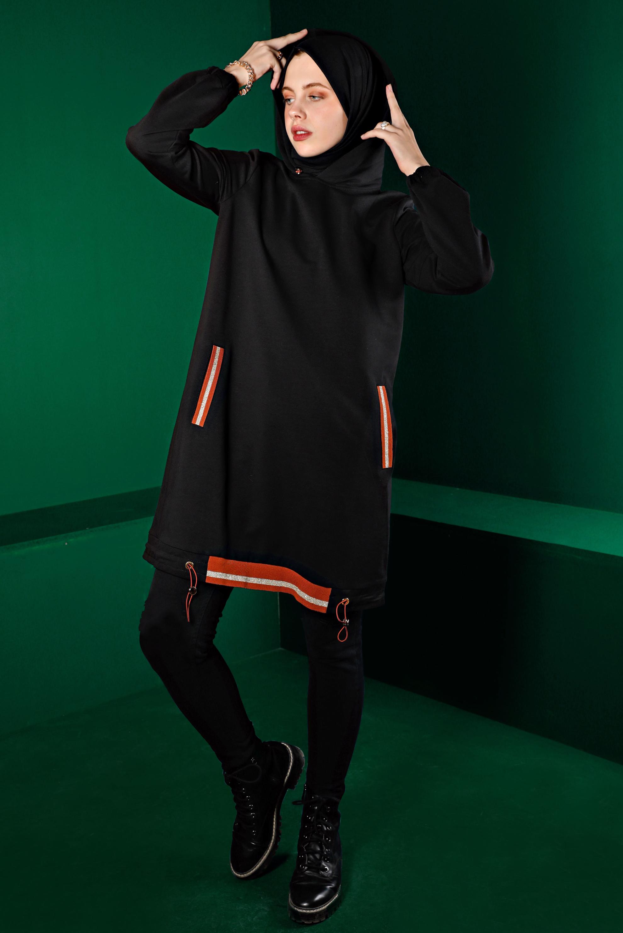 Tesettür giyim SİYAH ETEK UCU BÜZGÜLÜ EŞOFMAN TUNİK 43305 