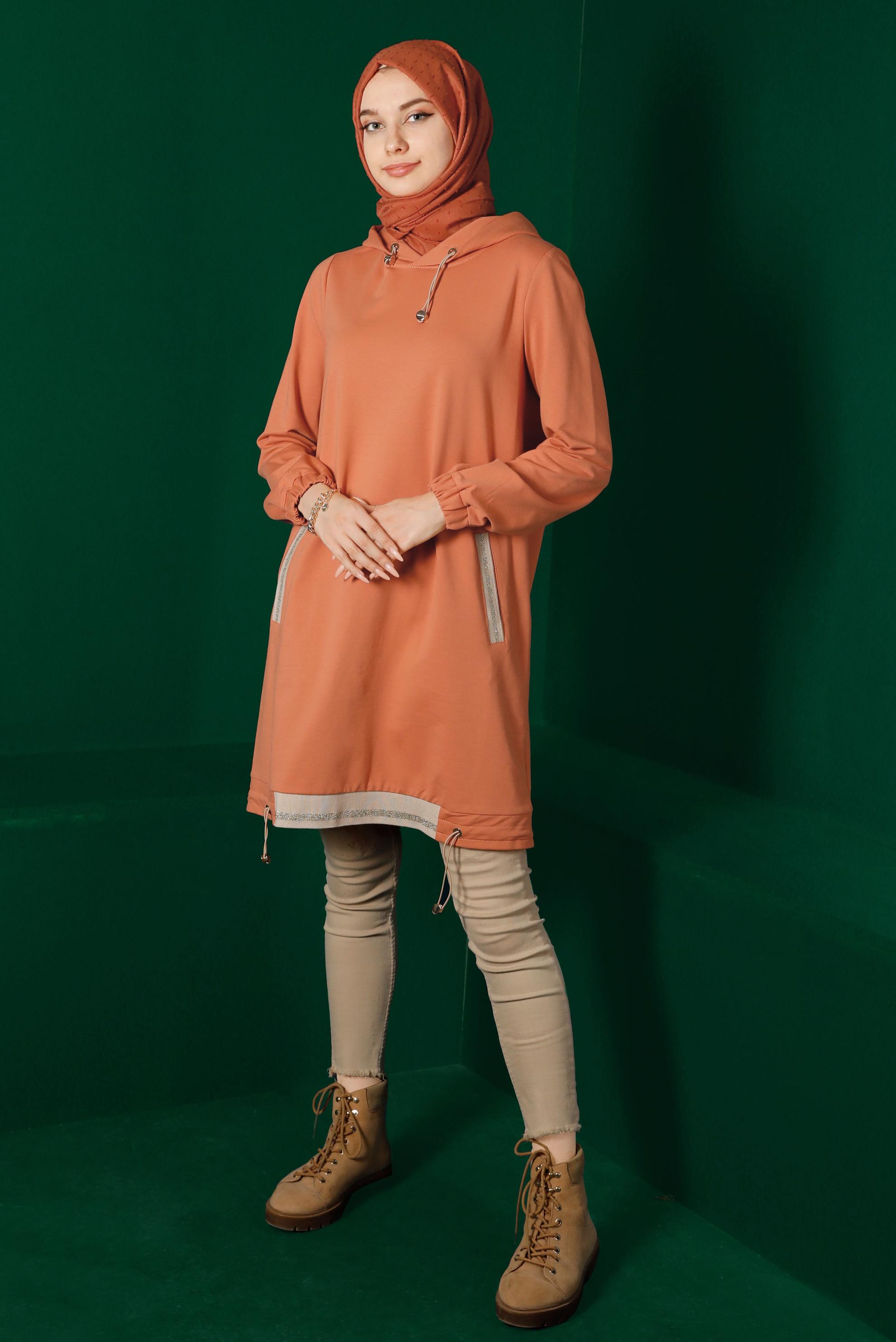 Tesettür giyim TURUNCU ETEK UCU BÜZGÜLÜ EŞOFMAN TUNİK 43305 