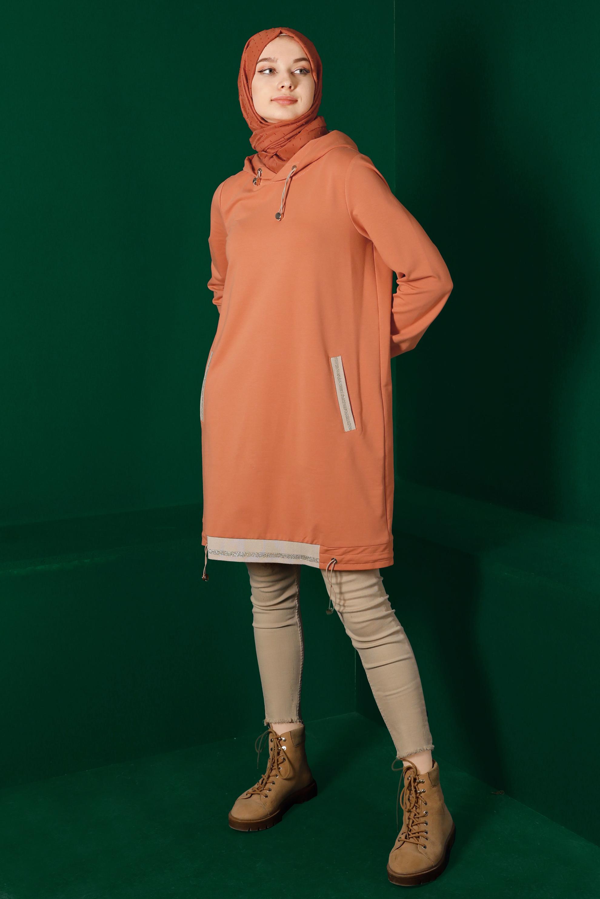 Tesettür giyim TURUNCU ETEK UCU BÜZGÜLÜ EŞOFMAN TUNİK 43305 