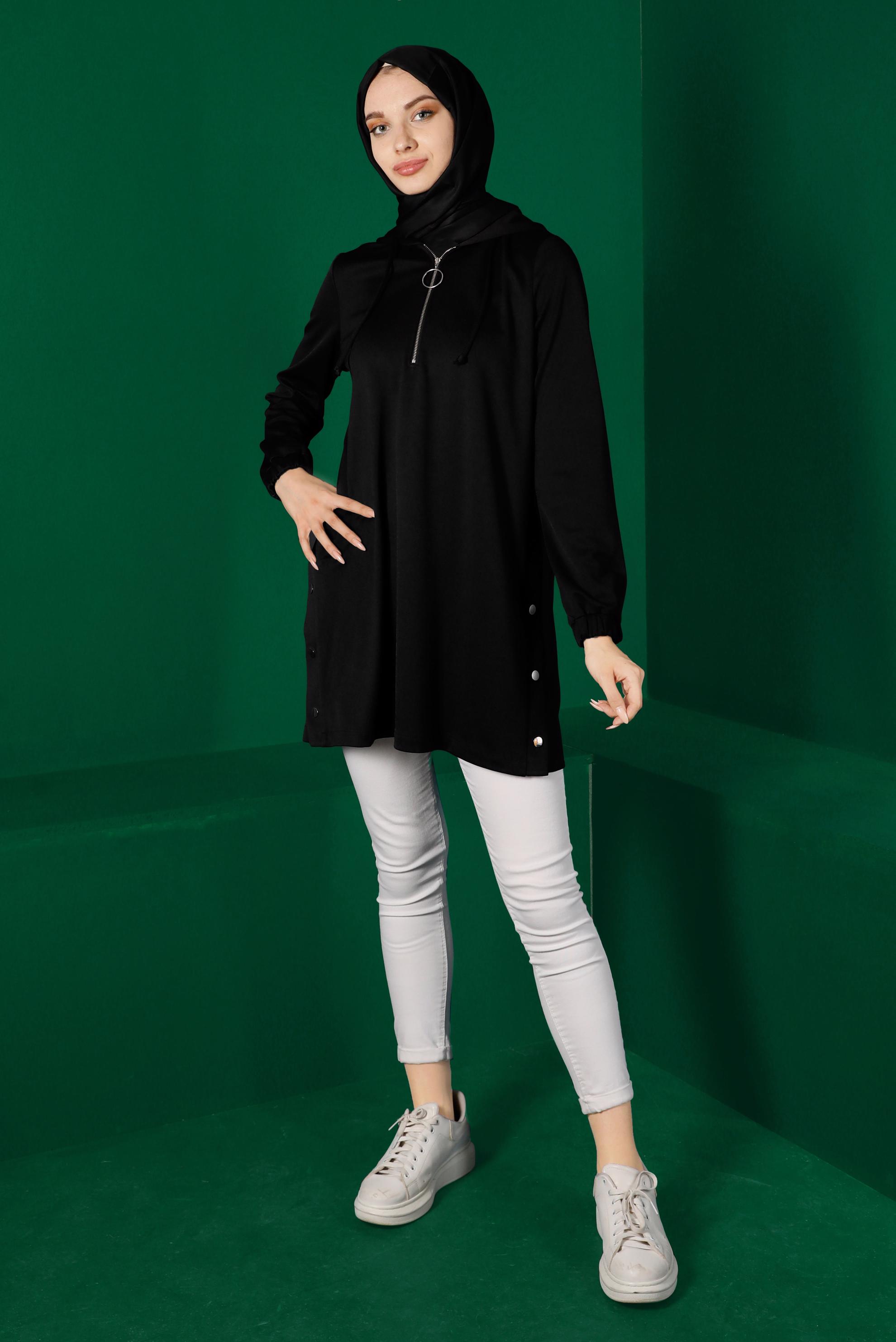 Vêtements hijab NOIR TUNIQUE DE SURVÊTEMENT ZIPPÉE À CAPUCHE 43307