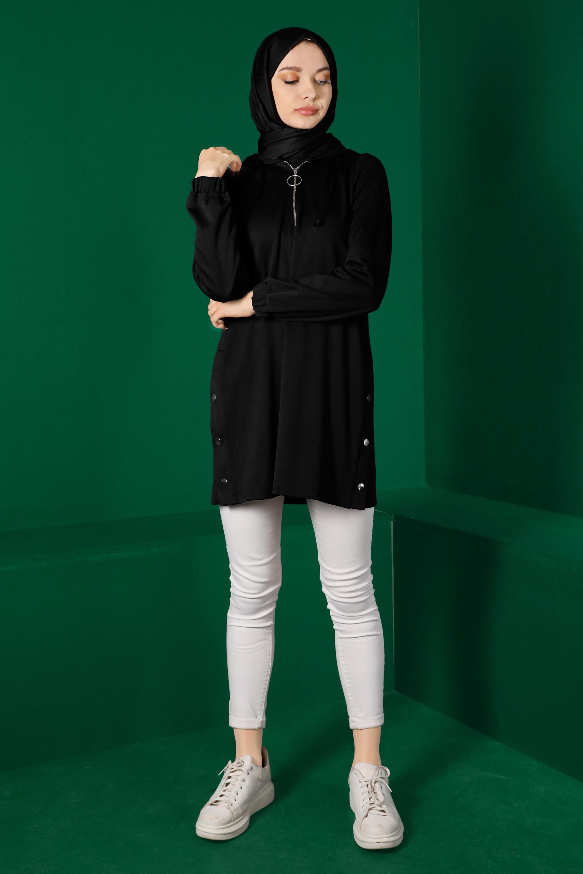 Vêtements hijab NOIR TUNIQUE DE SURVÊTEMENT ZIPPÉE À CAPUCHE 43307