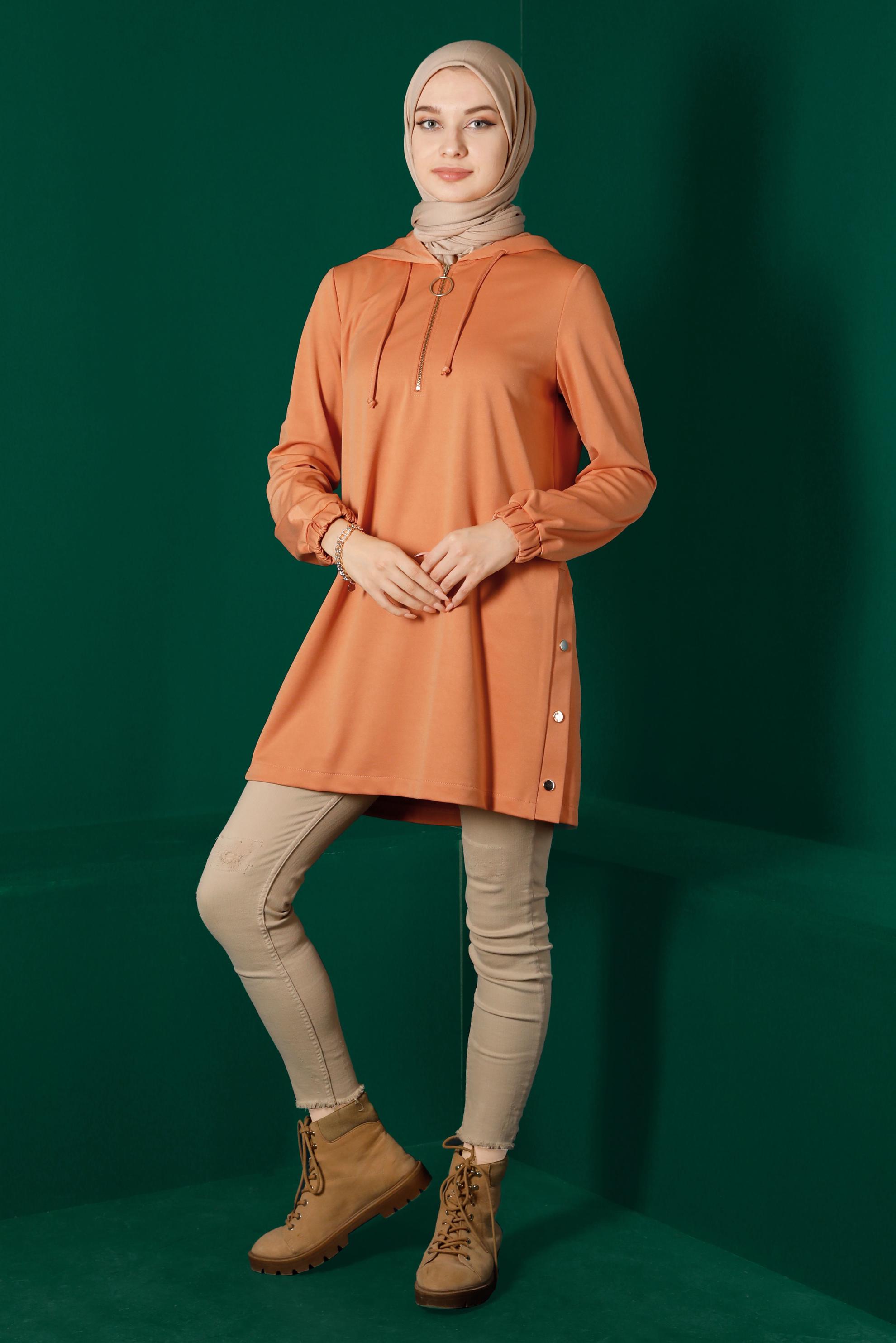 Hijab clothing ORANGE ZIPPERED HOODED TRACKSUIT TUNIC 43307