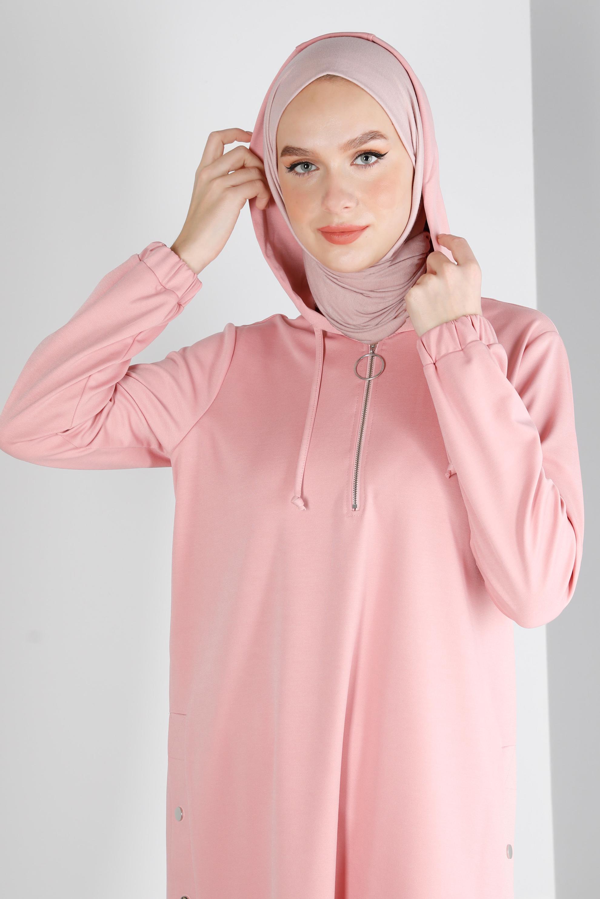 Tesettür giyim PUDRA FERMUARLI KAPÜŞONLU EŞOFMAN TUNİK 43307