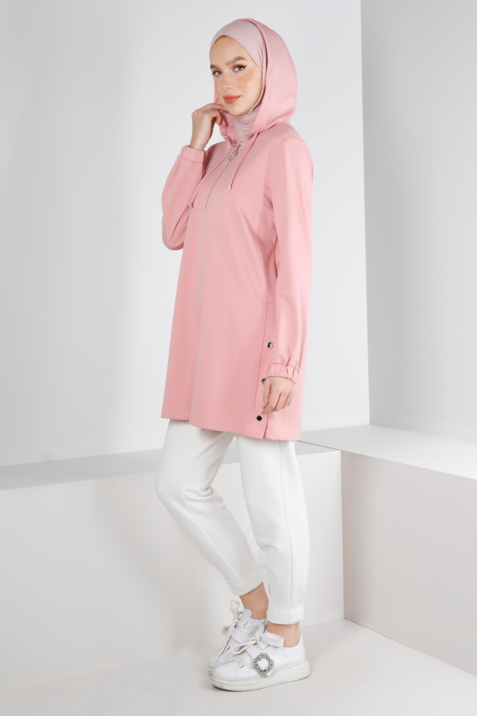 Tesettür giyim PUDRA FERMUARLI KAPÜŞONLU EŞOFMAN TUNİK 43307