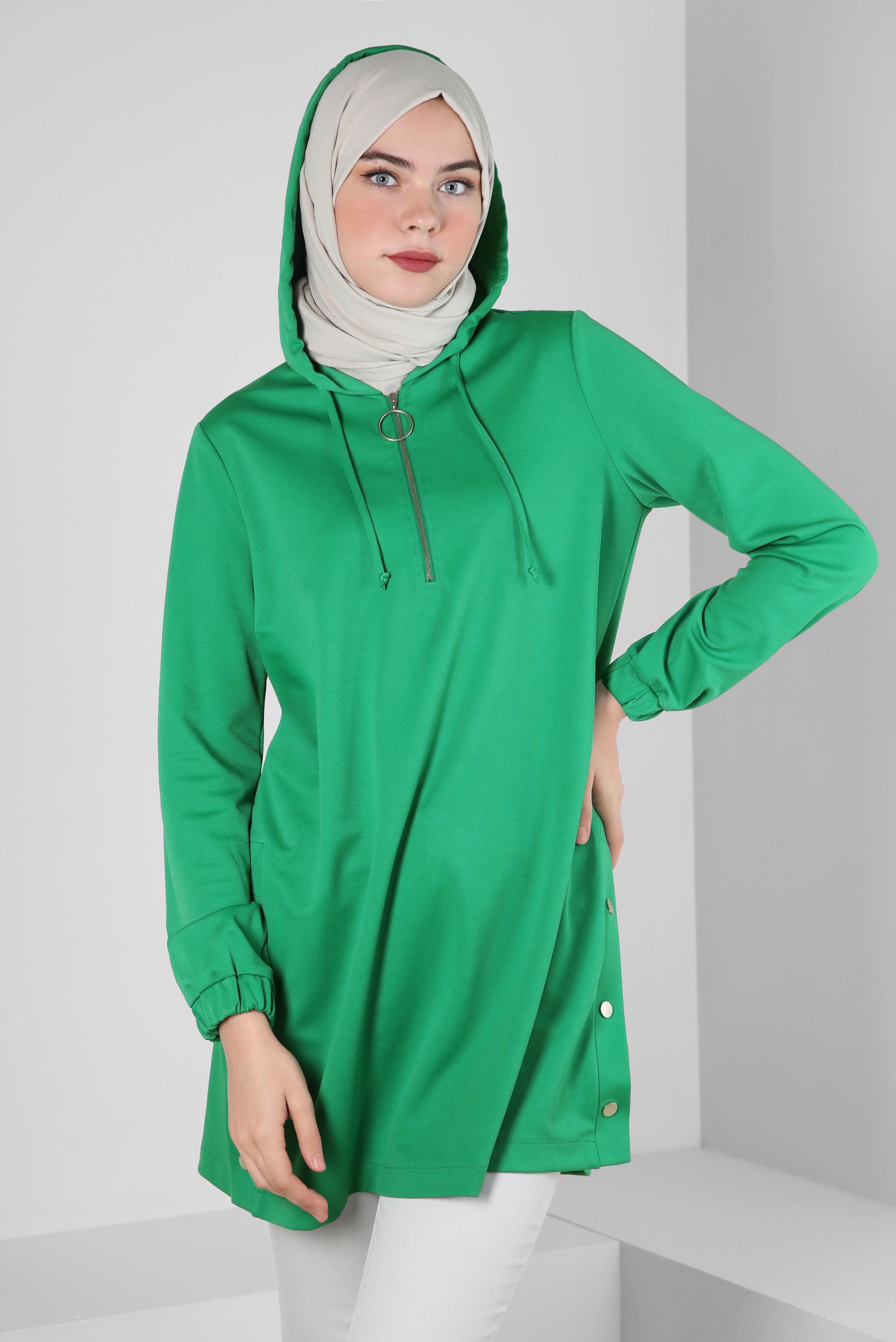 Tesettür giyim YEŞİL FERMUARLI KAPÜŞONLU EŞOFMAN TUNİK 43307
