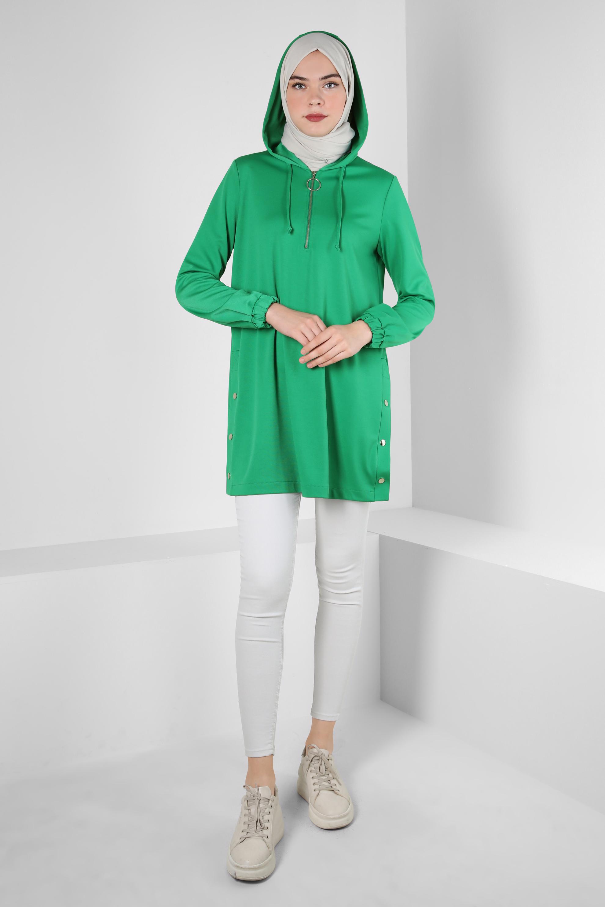 Tesettür giyim YEŞİL FERMUARLI KAPÜŞONLU EŞOFMAN TUNİK 43307
