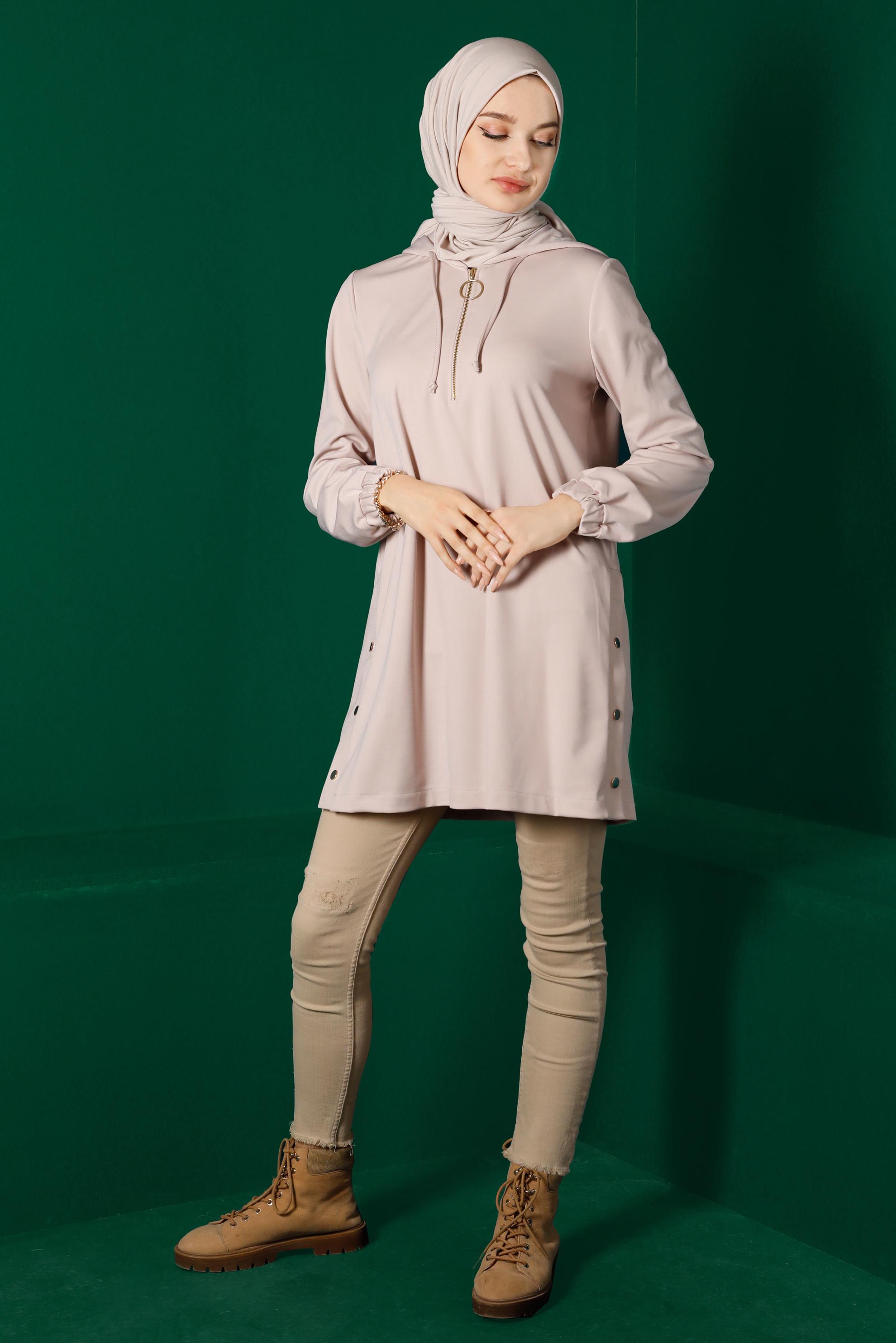 Hijab clothing BEIGE ZIPPERED HOODED TRACKSUIT TUNIC 43307