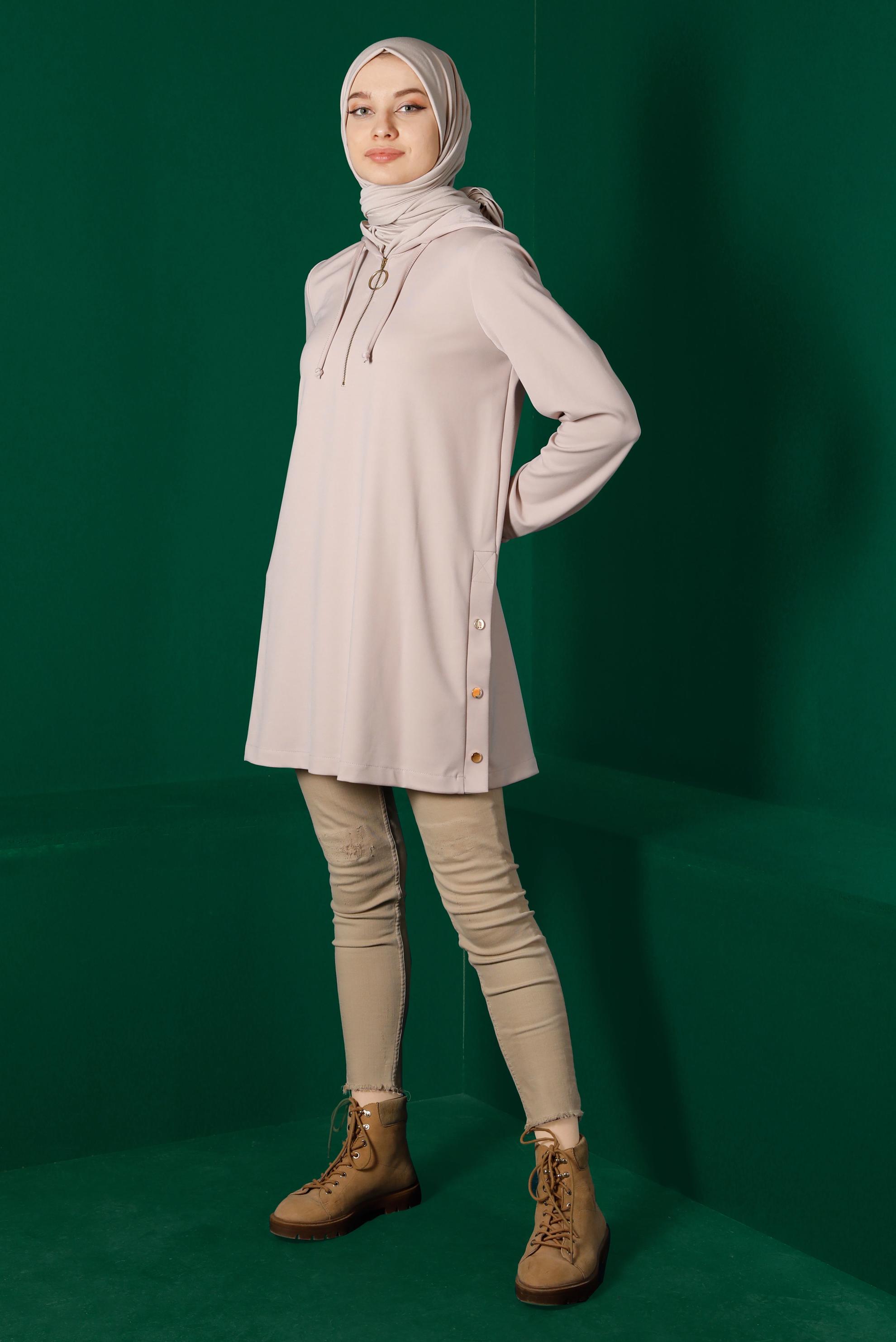 Hijab clothing BEIGE ZIPPERED HOODED TRACKSUIT TUNIC 43307