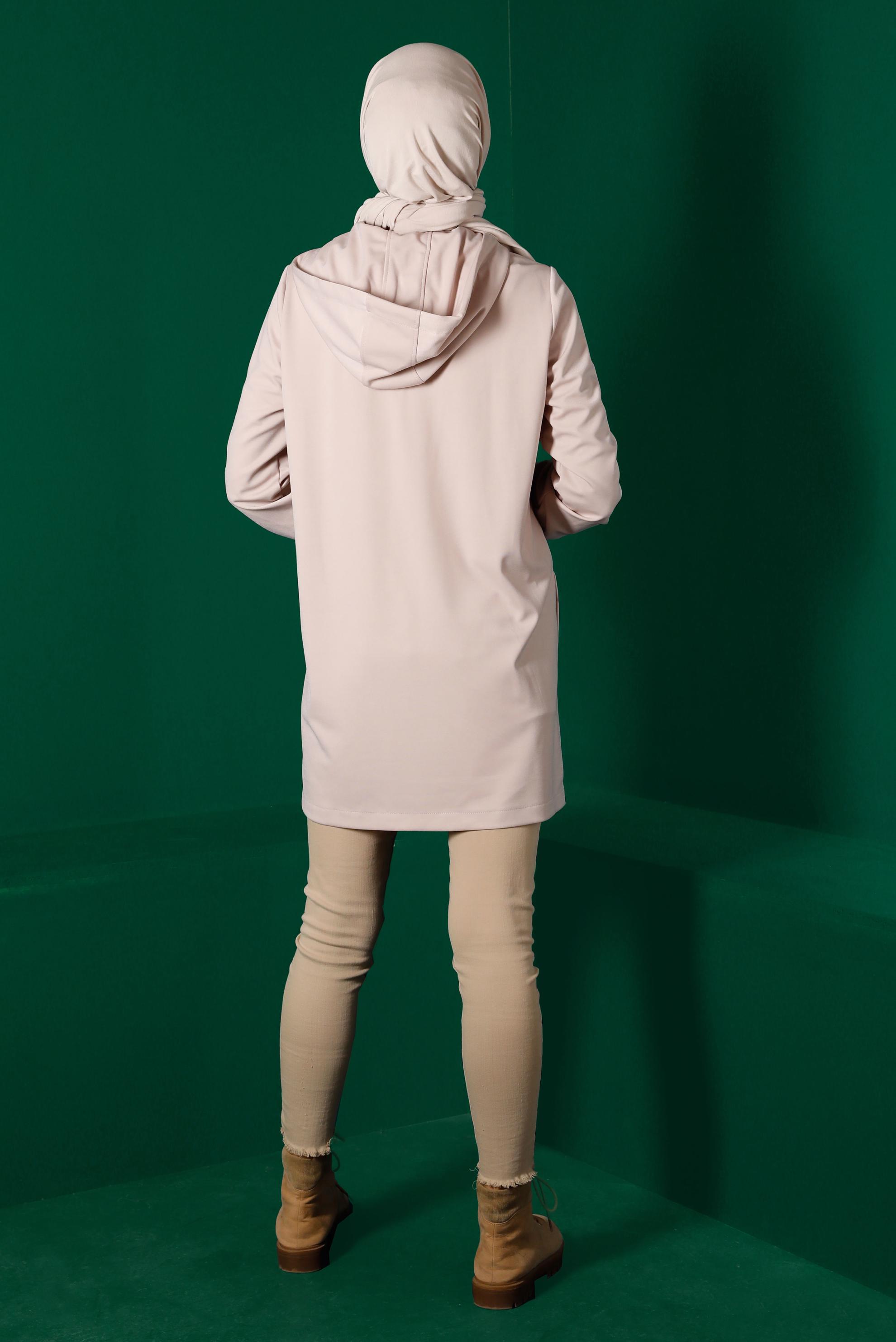 Hijab clothing BEIGE ZIPPERED HOODED TRACKSUIT TUNIC 43307