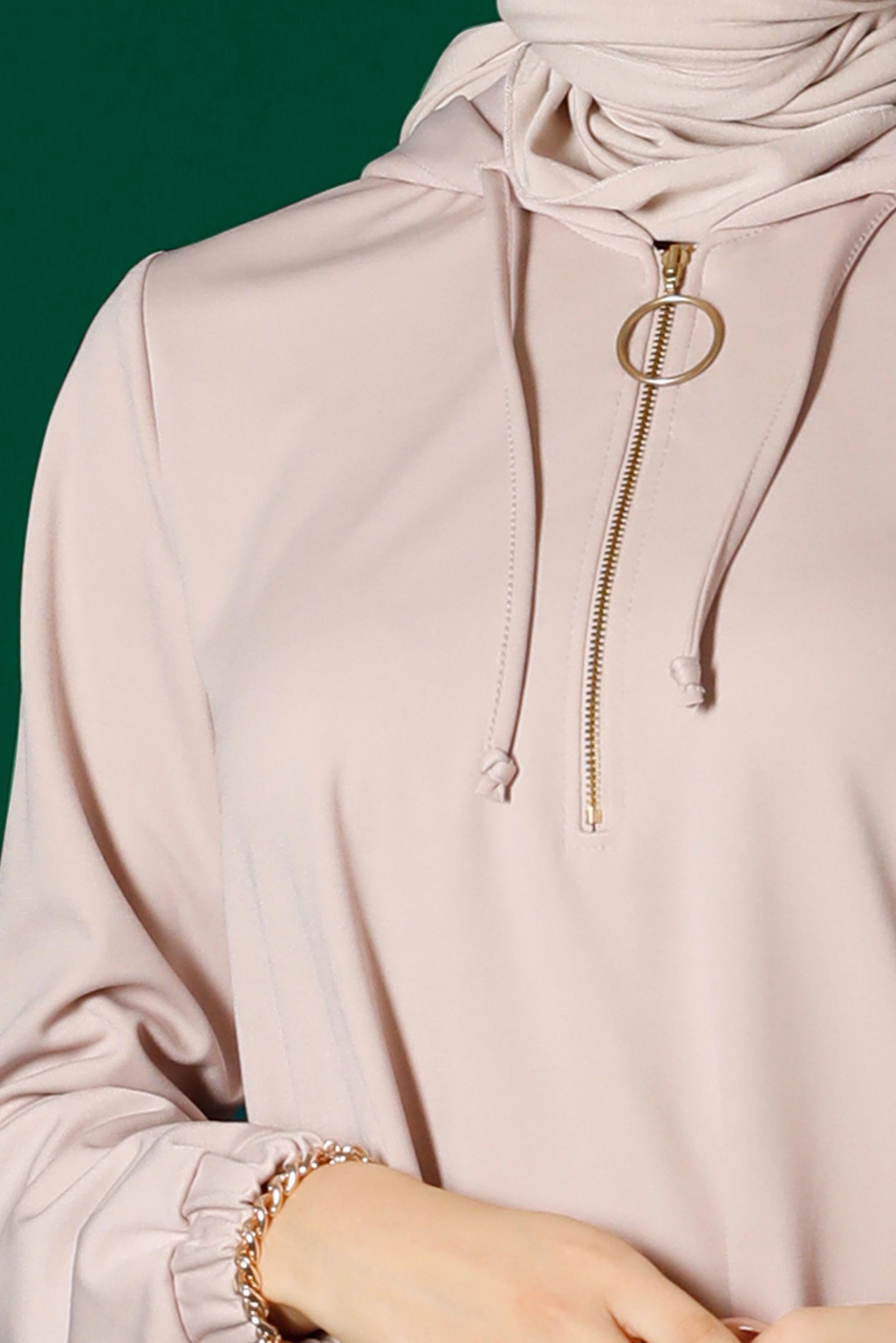 Hijab clothing BEIGE ZIPPERED HOODED TRACKSUIT TUNIC 43307