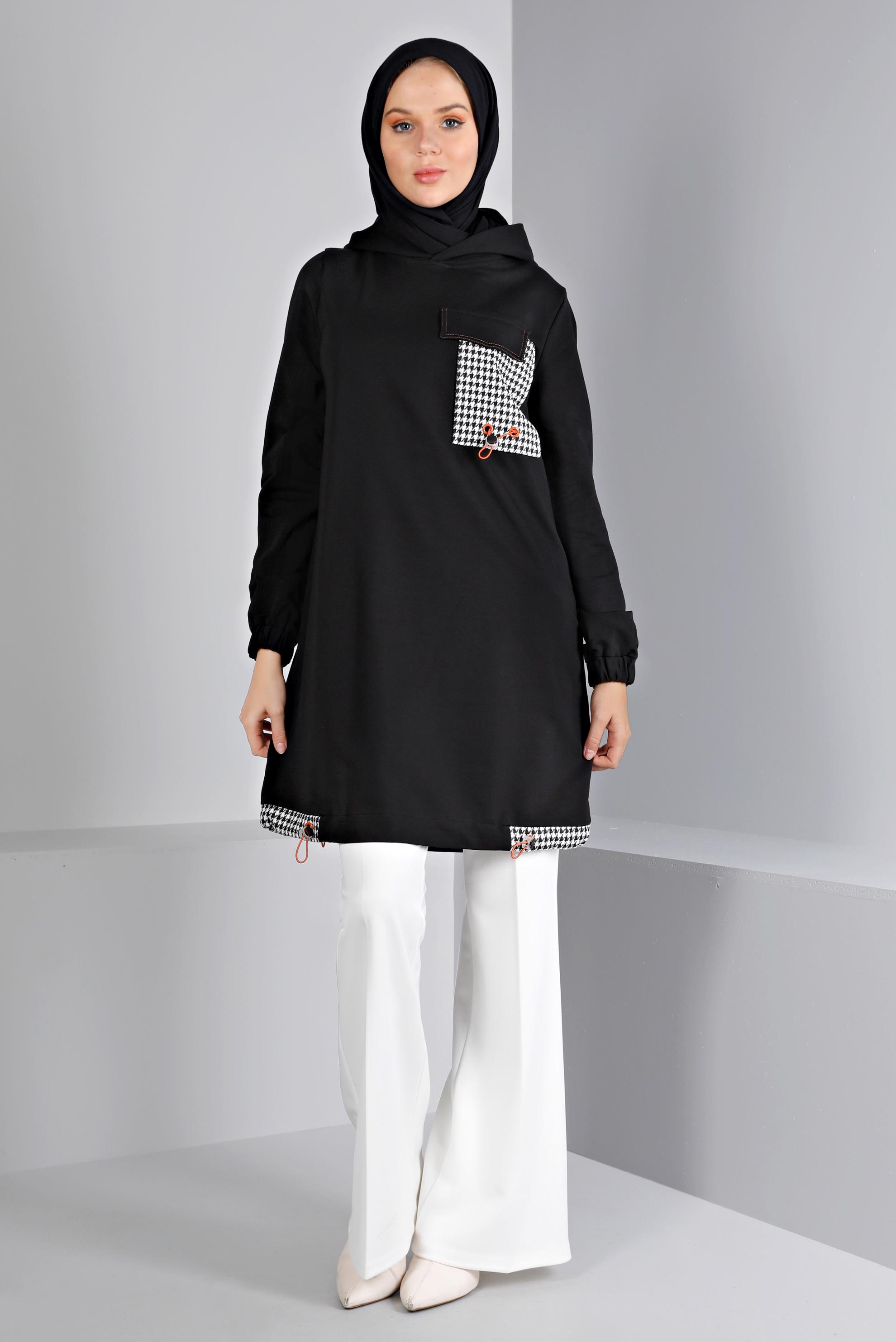 Tesettür giyim SİYAH KAZAYAĞI DETAYLI EŞOFMAN TUNİK 43308	