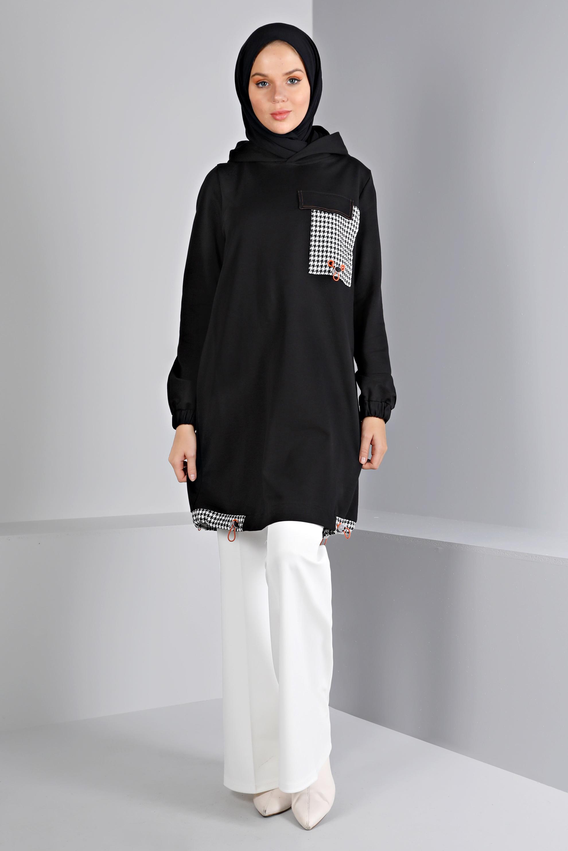 Tesettür giyim SİYAH KAZAYAĞI DETAYLI EŞOFMAN TUNİK 43308	