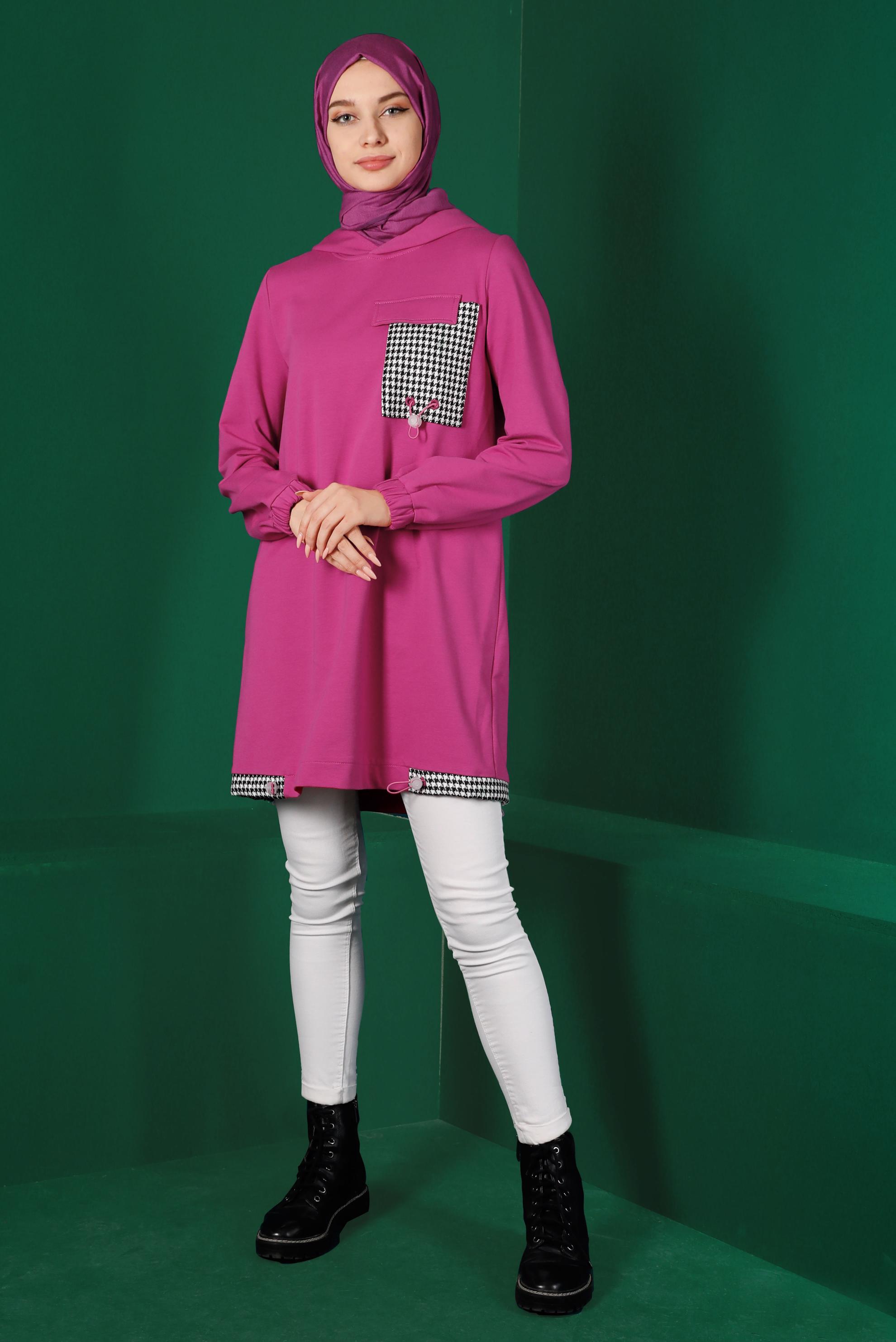 Tesettür giyim FUŞYA KAZAYAĞI DETAYLI EŞOFMAN TUNİK 43308	