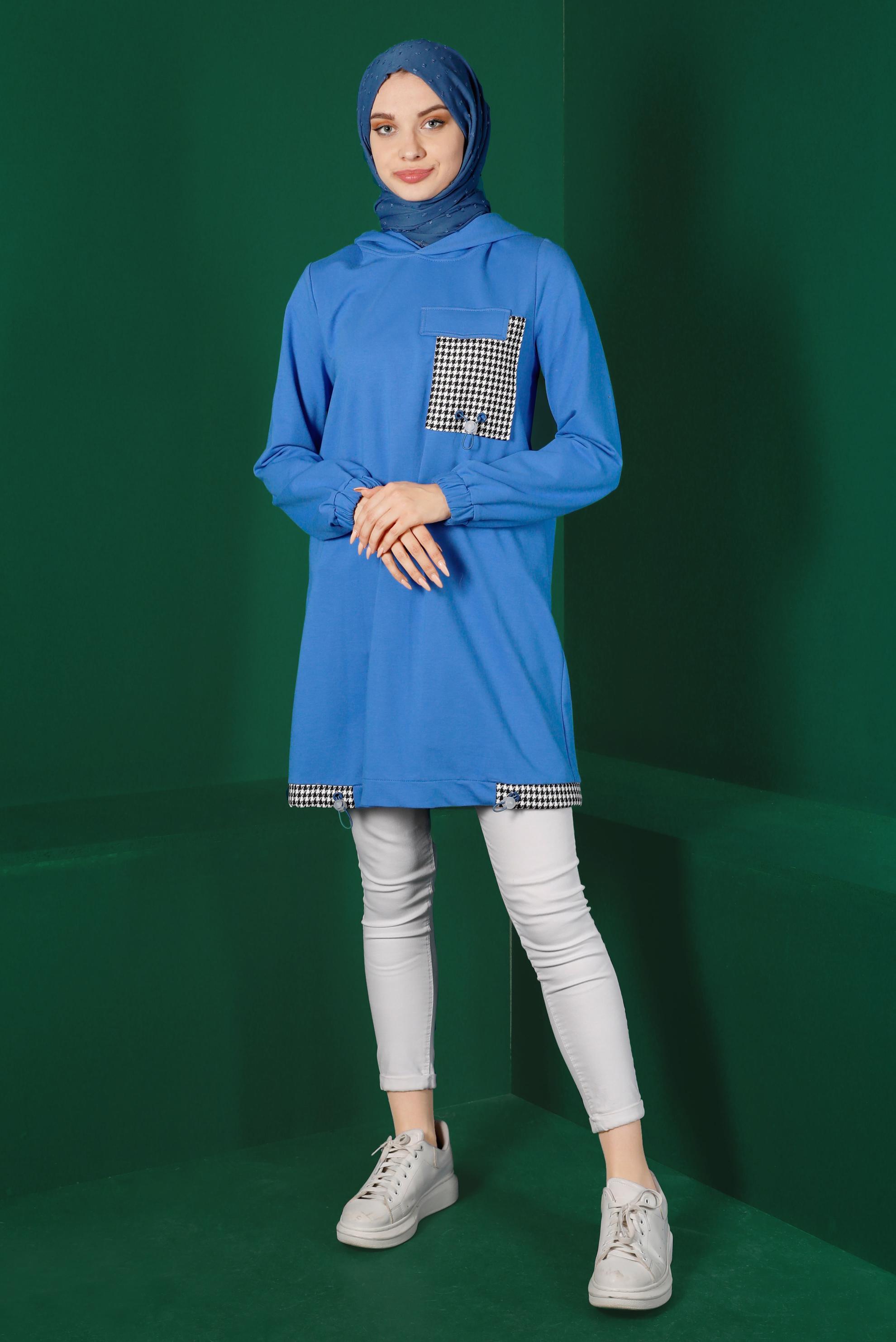 Vêtements hijab BLEU TUNIQUE DE SURVÊTEMENT TEXTURÉE PIED DE POULE 43308