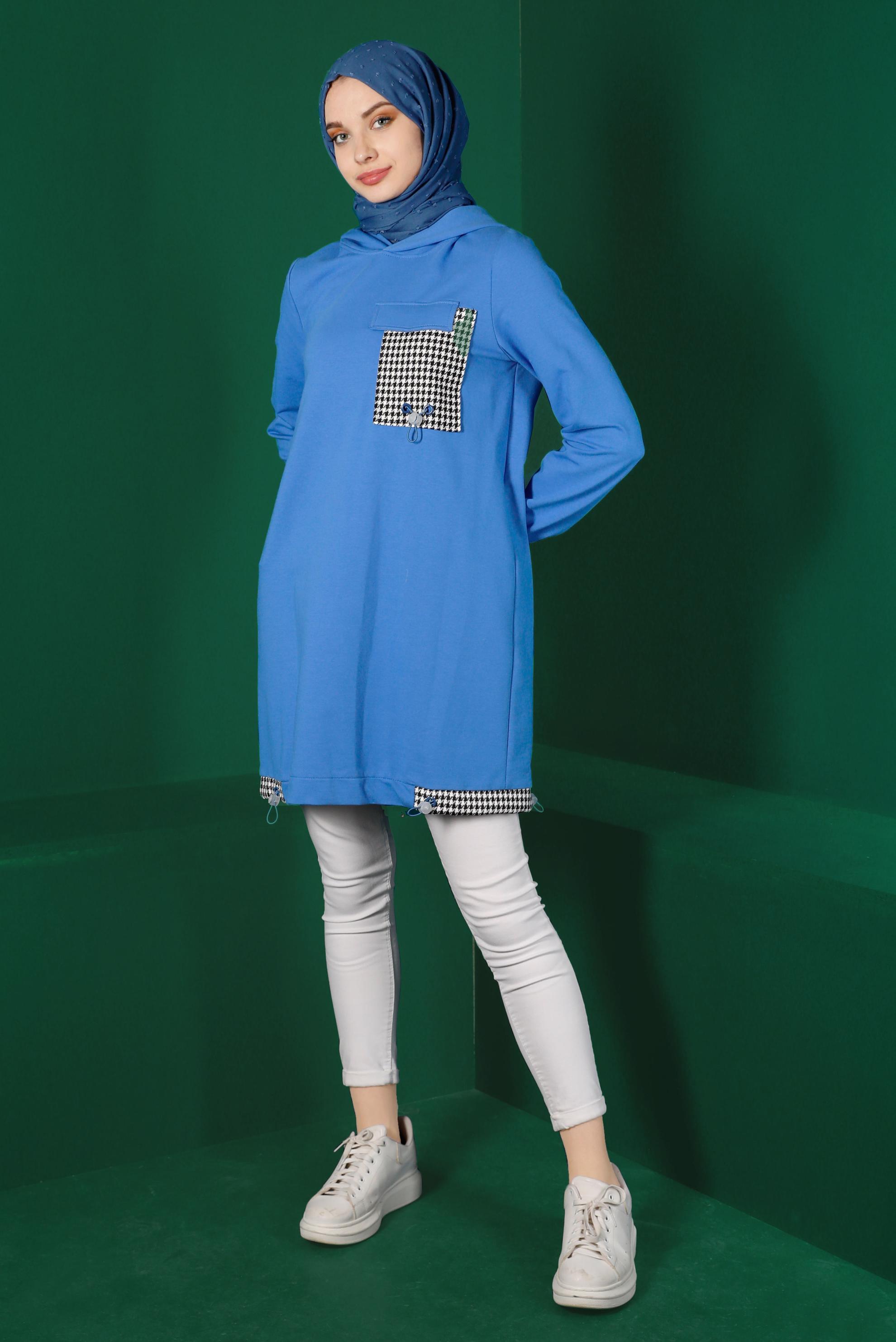 Vêtements hijab BLEU TUNIQUE DE SURVÊTEMENT TEXTURÉE PIED DE POULE 43308