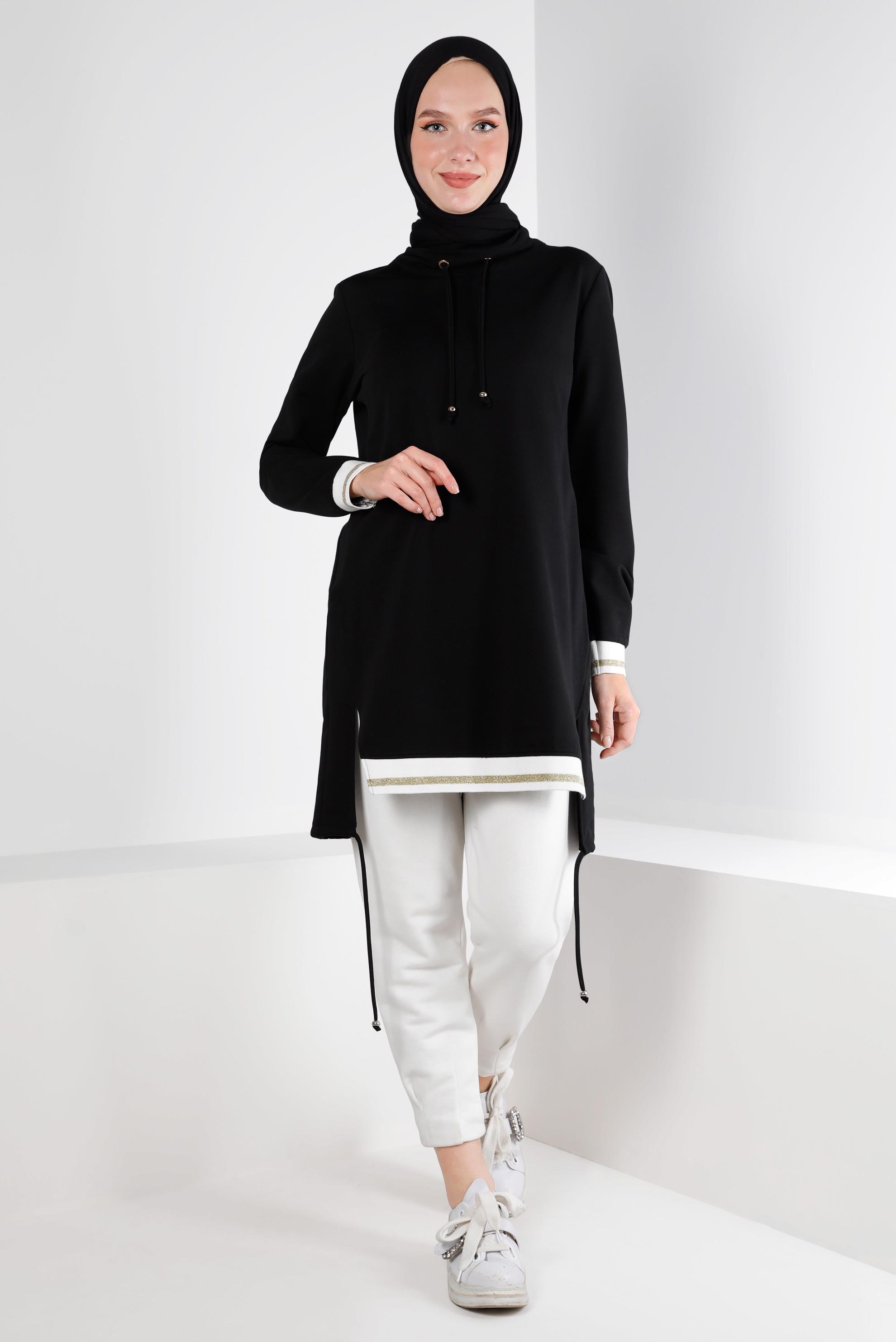 Tesettür giyim SİYAH RİBANALI BAĞCIKLI EŞOFMAN TUNİK 43309	