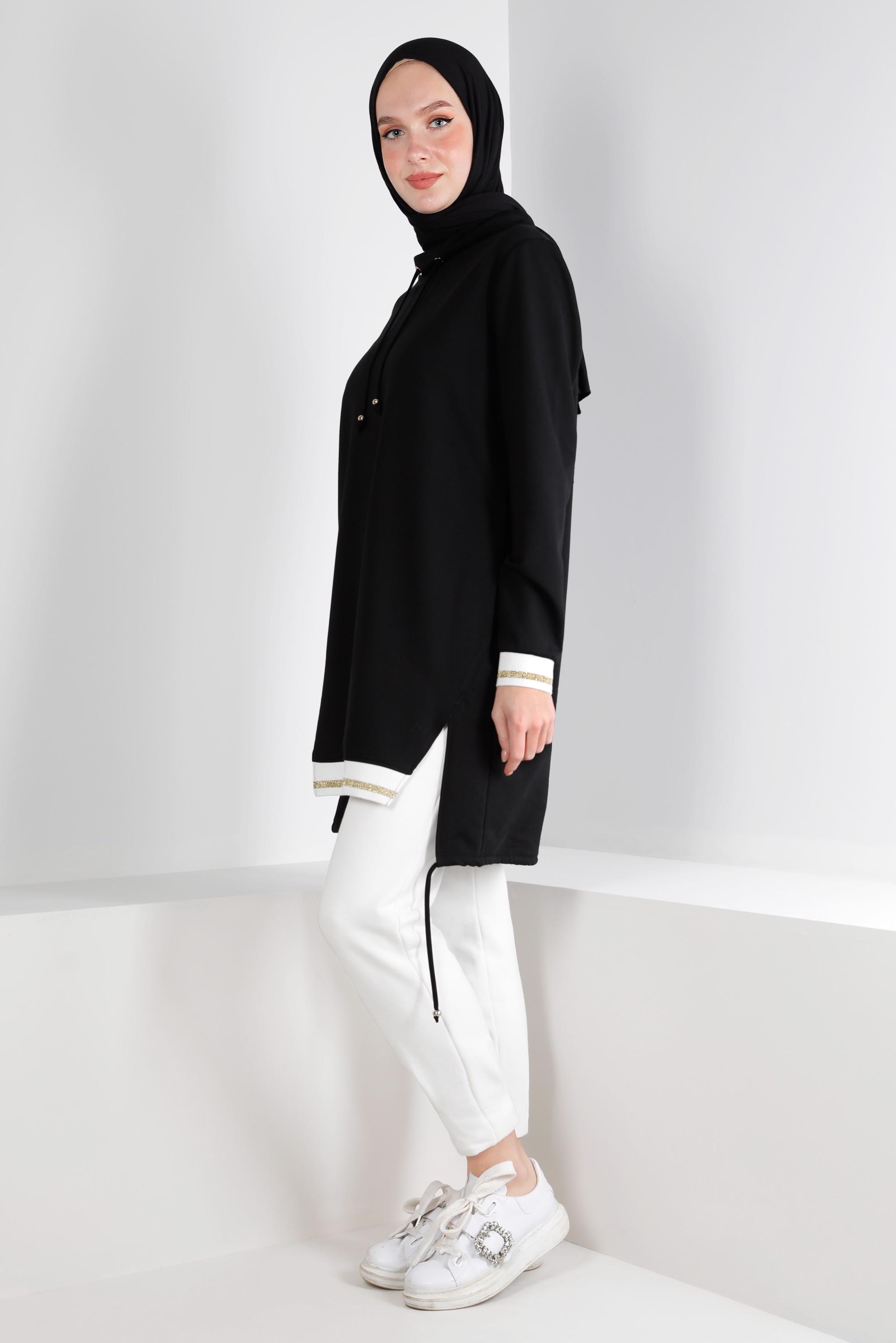 Tesettür giyim SİYAH RİBANALI BAĞCIKLI EŞOFMAN TUNİK 43309	