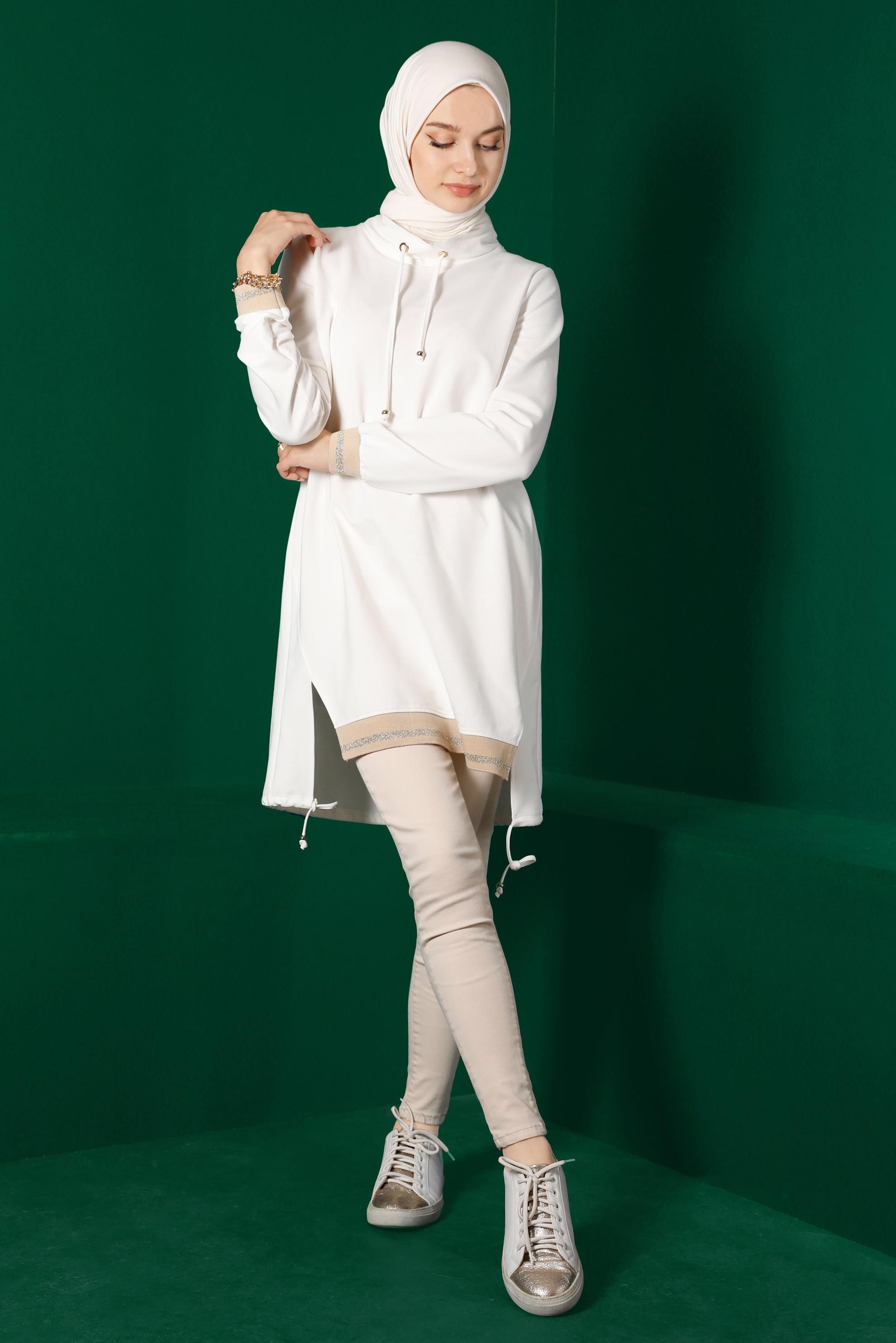 Hijab clothing WHITE RIBBED TIE DETAIL TRACKSUIT TUNIC 43309 