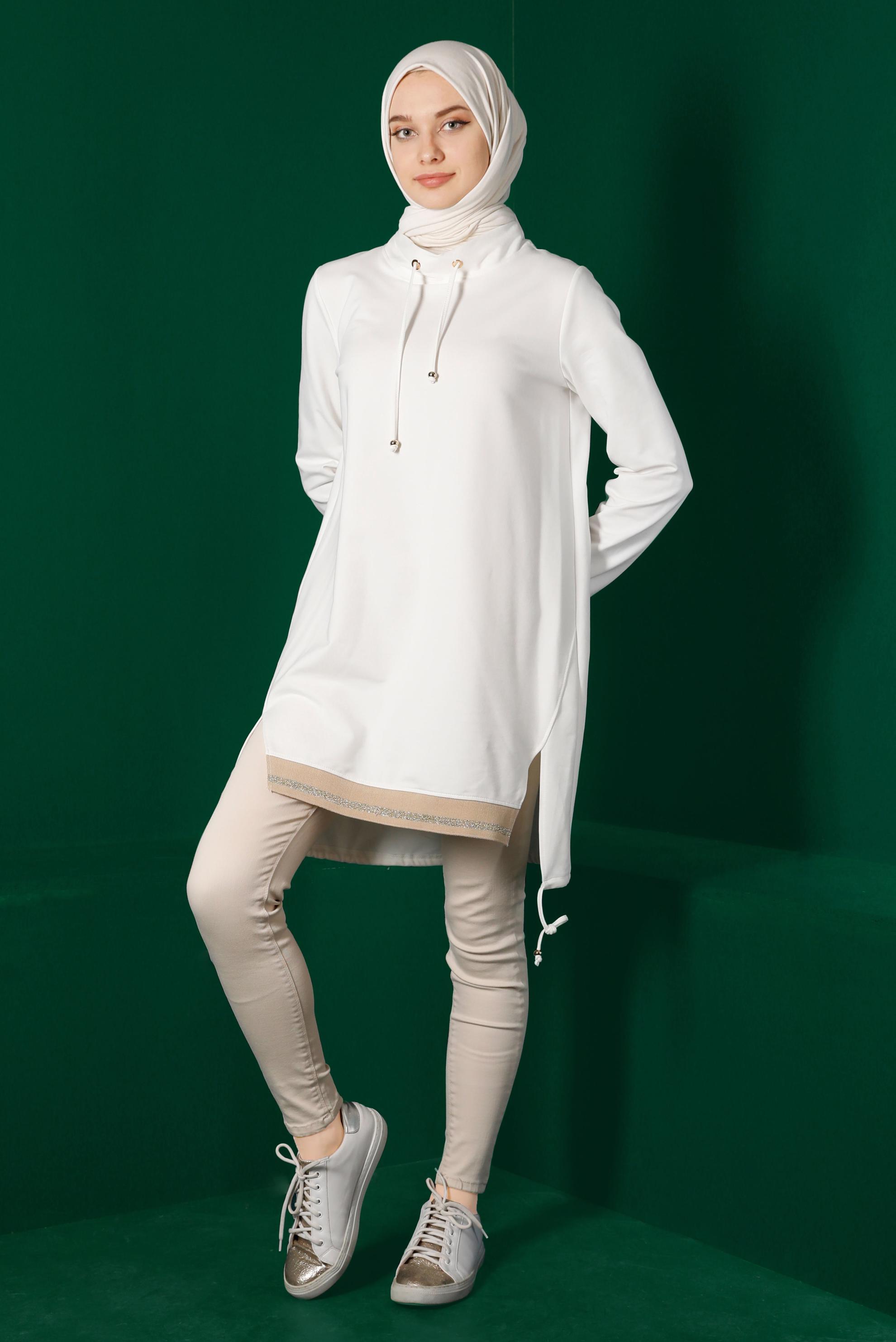 Hijab clothing WHITE RIBBED TIE DETAIL TRACKSUIT TUNIC 43309 