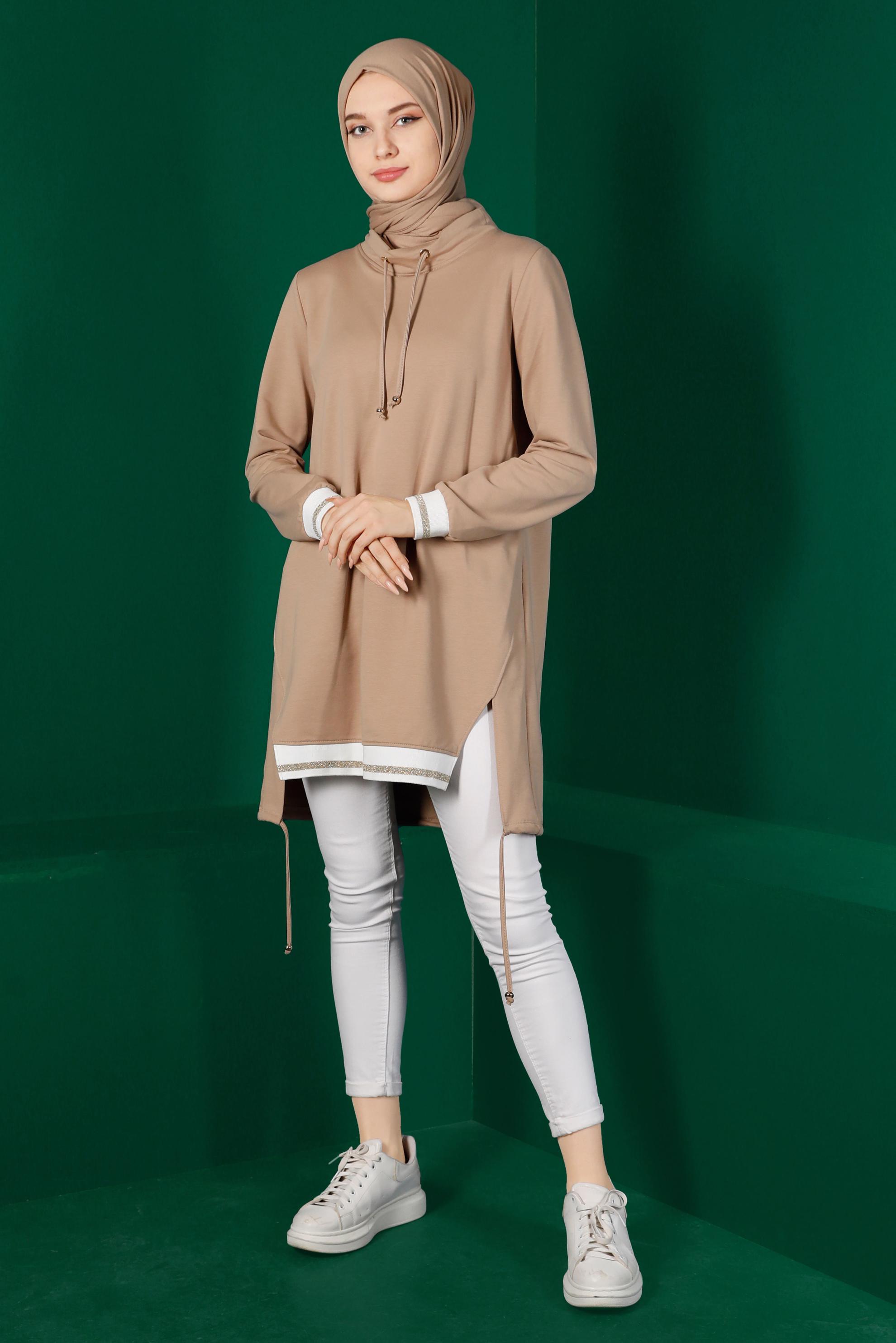 Tesettür giyim BEJ RİBANALI BAĞCIKLI EŞOFMAN TUNİK 43309	