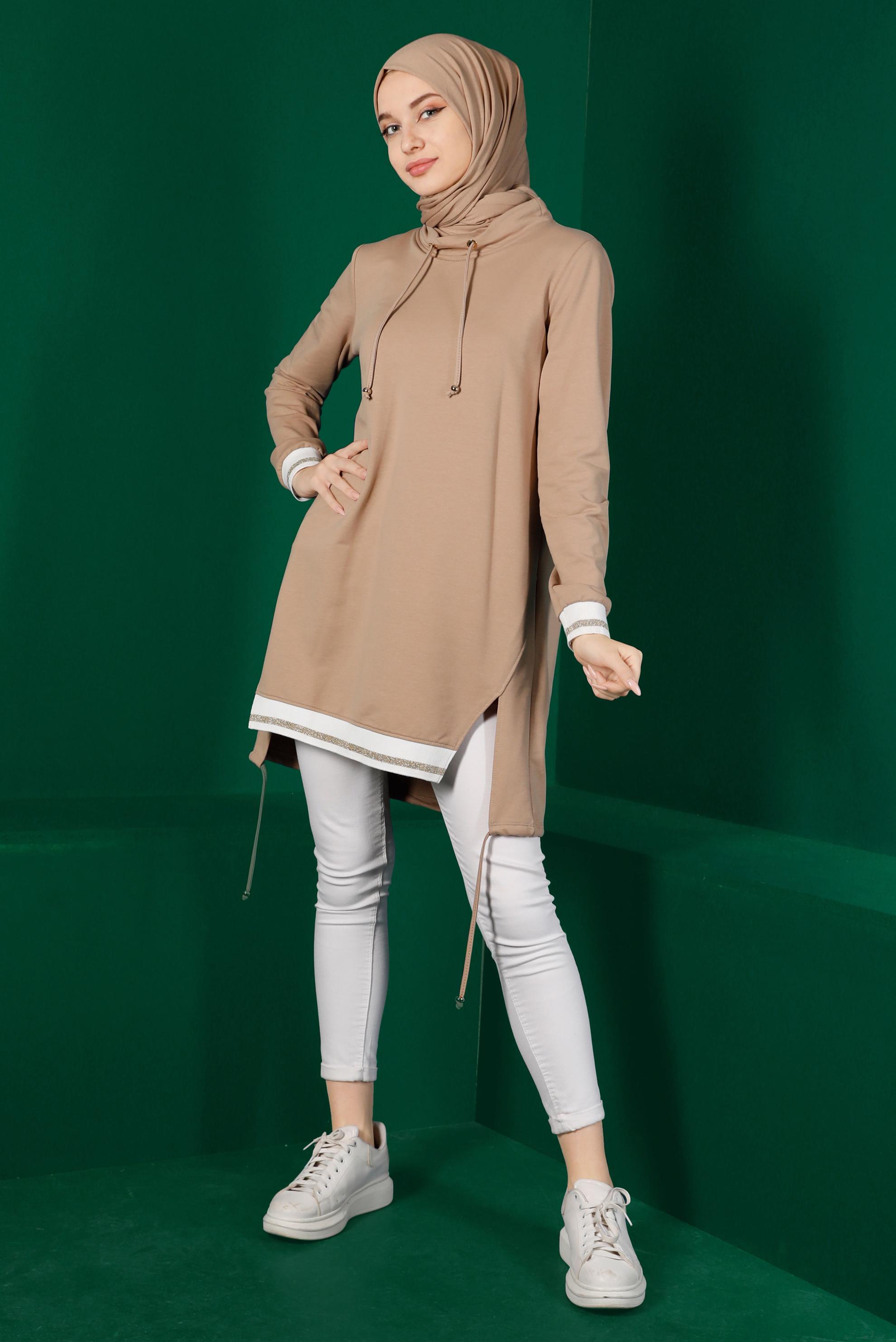 Tesettür giyim BEJ RİBANALI BAĞCIKLI EŞOFMAN TUNİK 43309	