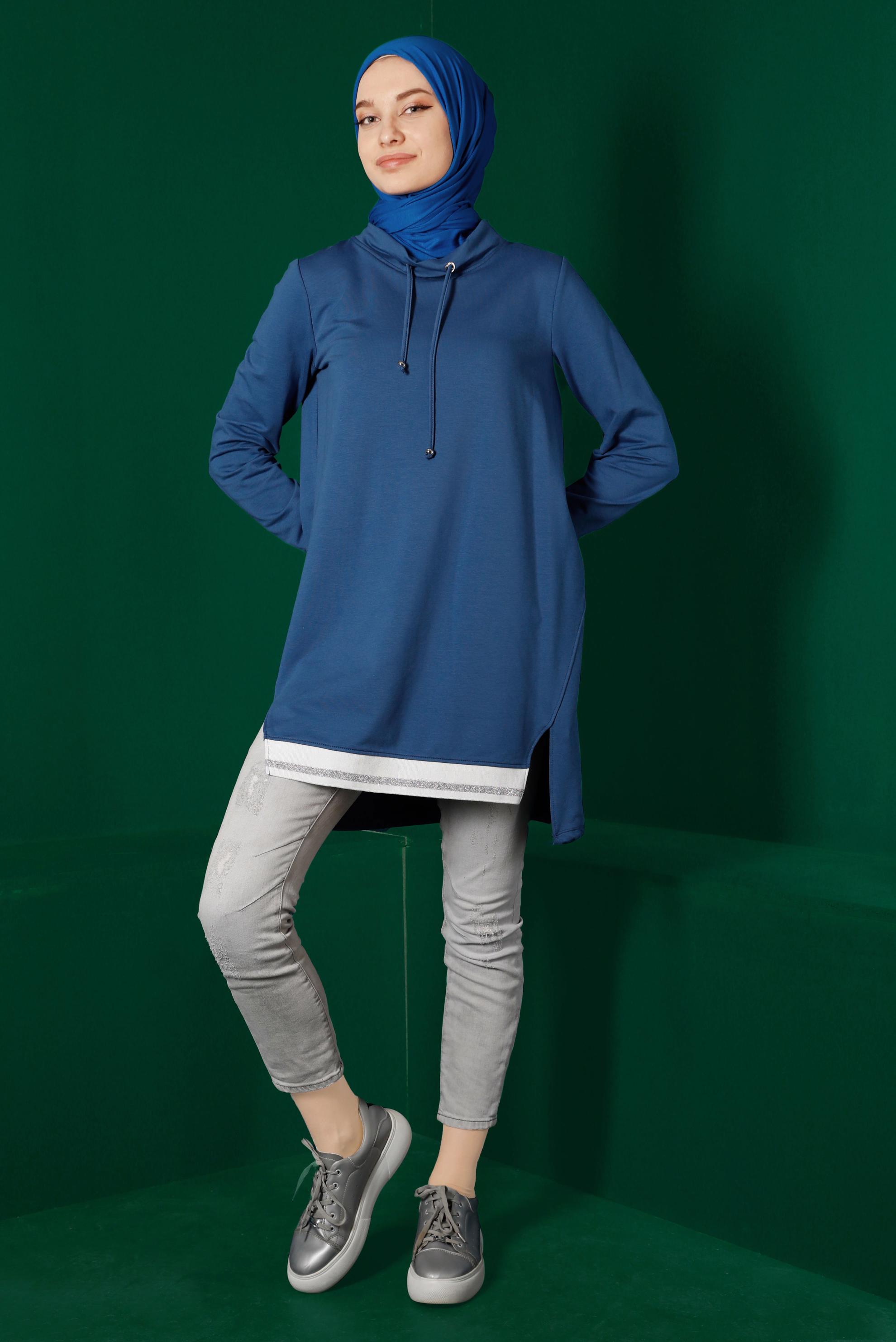 Tesettür giyim LACİVERT RİBANALI BAĞCIKLI EŞOFMAN TUNİK 43309	