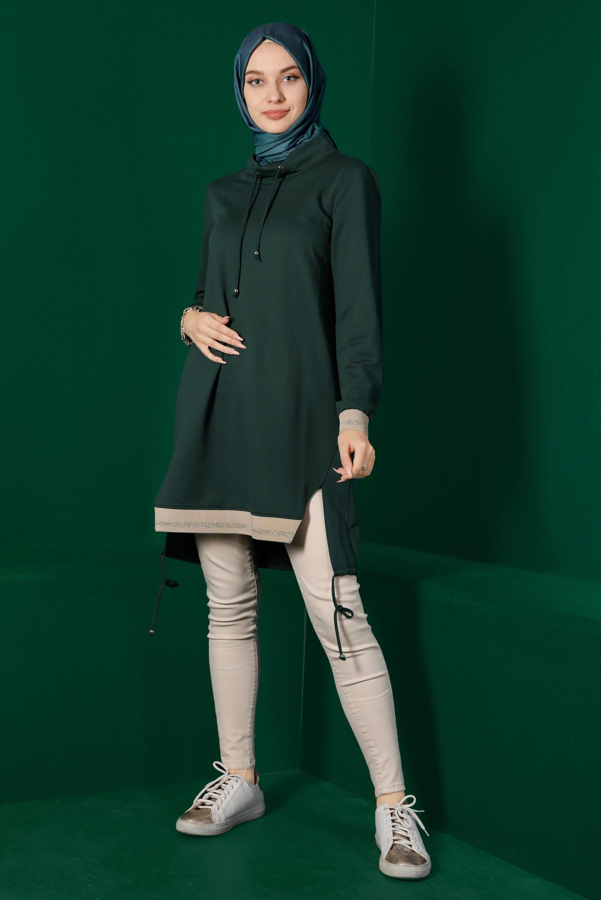 Tesettür giyim YEŞİL RİBANALI BAĞCIKLI EŞOFMAN TUNİK 43309	