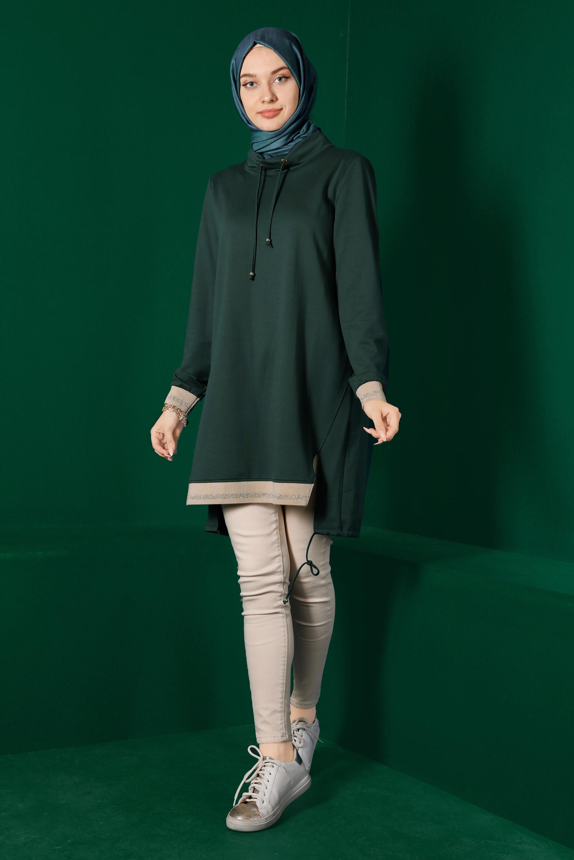 Tesettür giyim YEŞİL RİBANALI BAĞCIKLI EŞOFMAN TUNİK 43309	