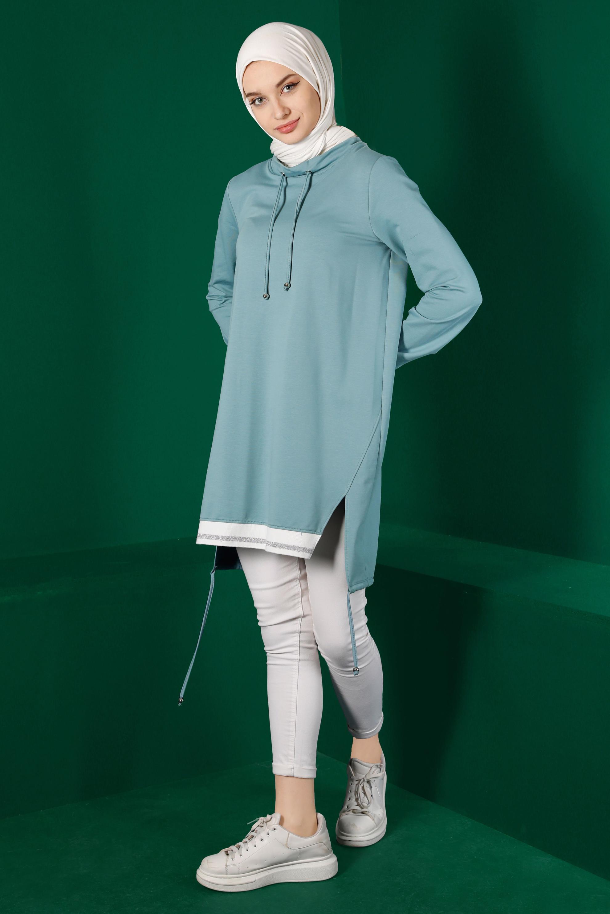 Tesettür giyim YEŞİL RİBANALI BAĞCIKLI EŞOFMAN TUNİK 43309	