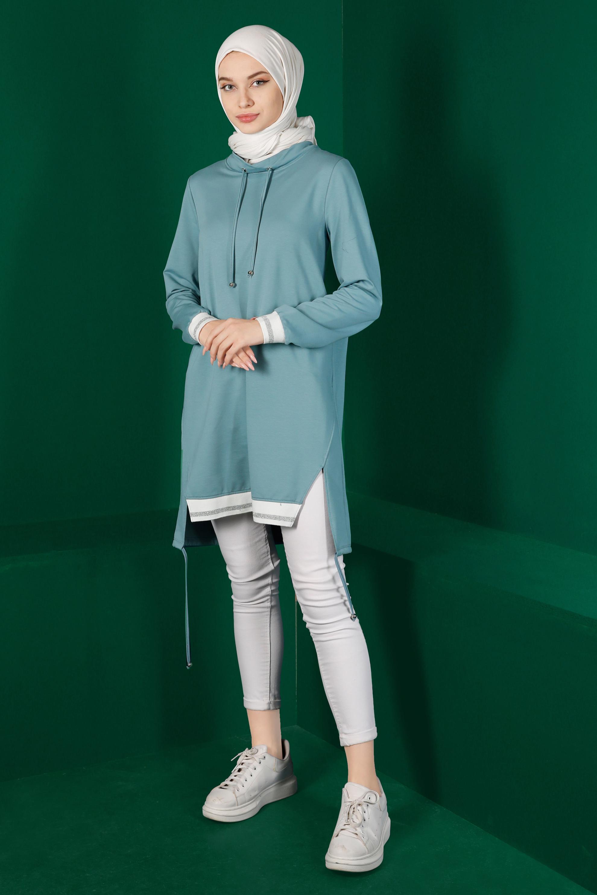 Tesettür giyim YEŞİL RİBANALI BAĞCIKLI EŞOFMAN TUNİK 43309	