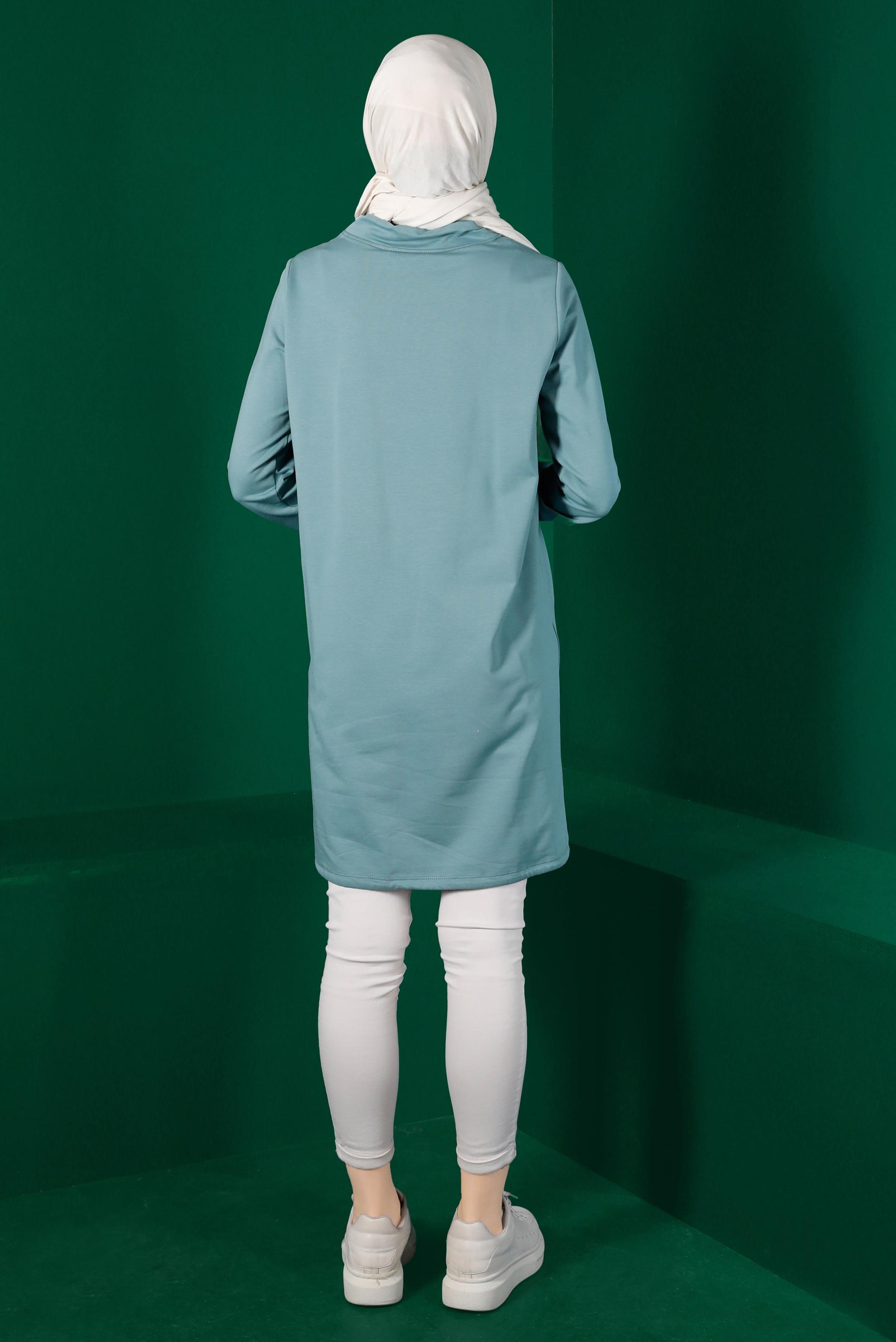 Tesettür giyim YEŞİL RİBANALI BAĞCIKLI EŞOFMAN TUNİK 43309	