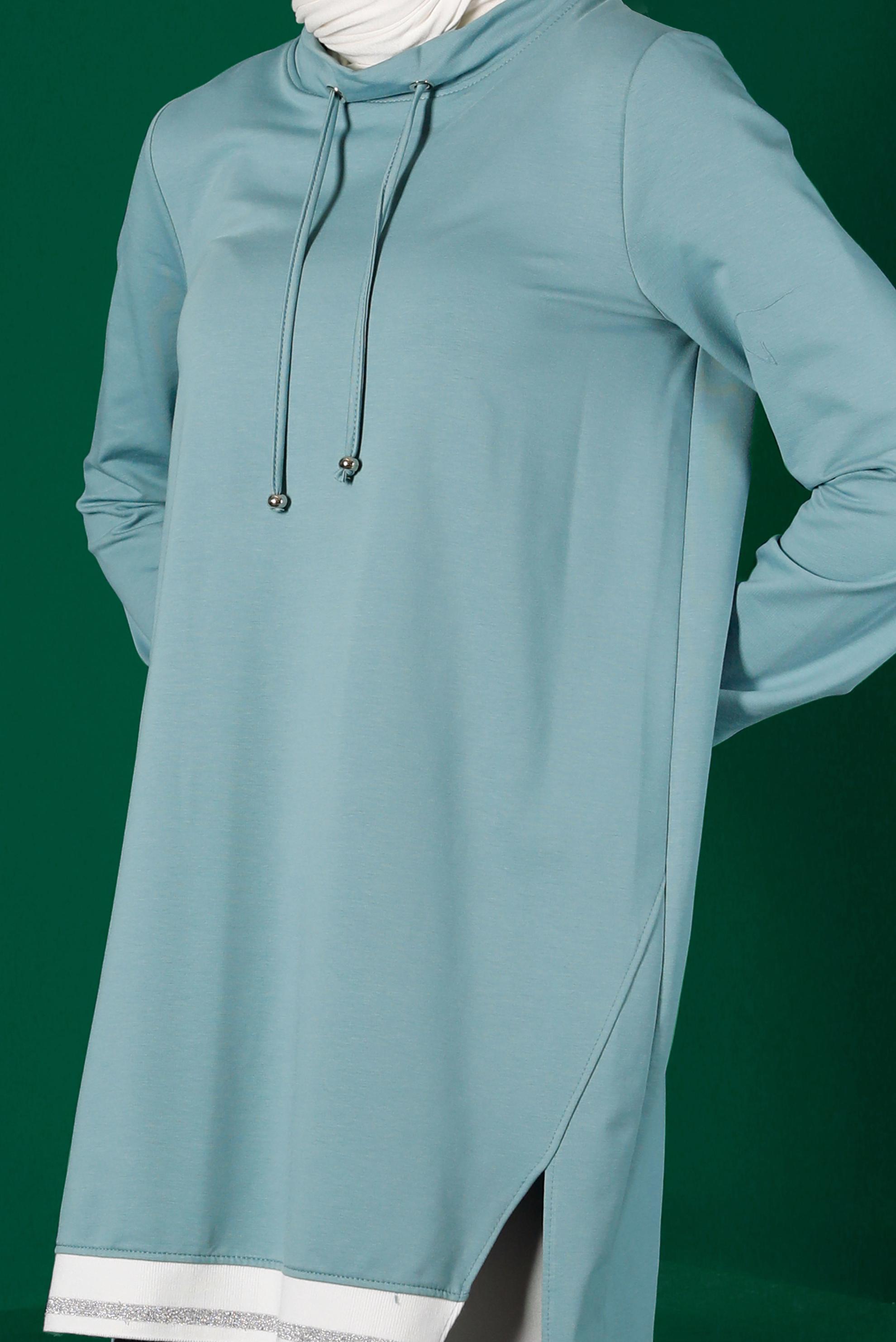 Tesettür giyim YEŞİL RİBANALI BAĞCIKLI EŞOFMAN TUNİK 43309	