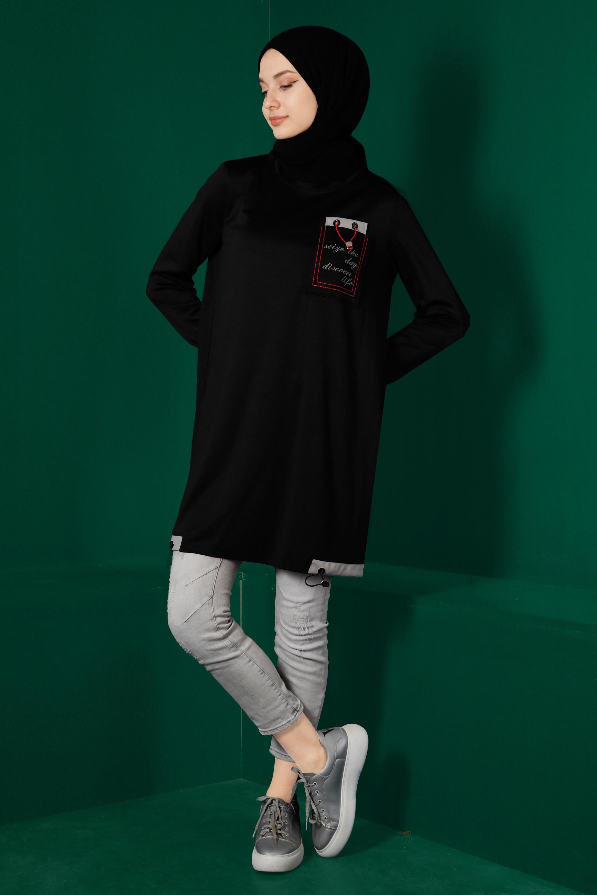 Tesettür giyim SİYAH YAZI DETAYLI EŞOFMAN TUNİK 43310 