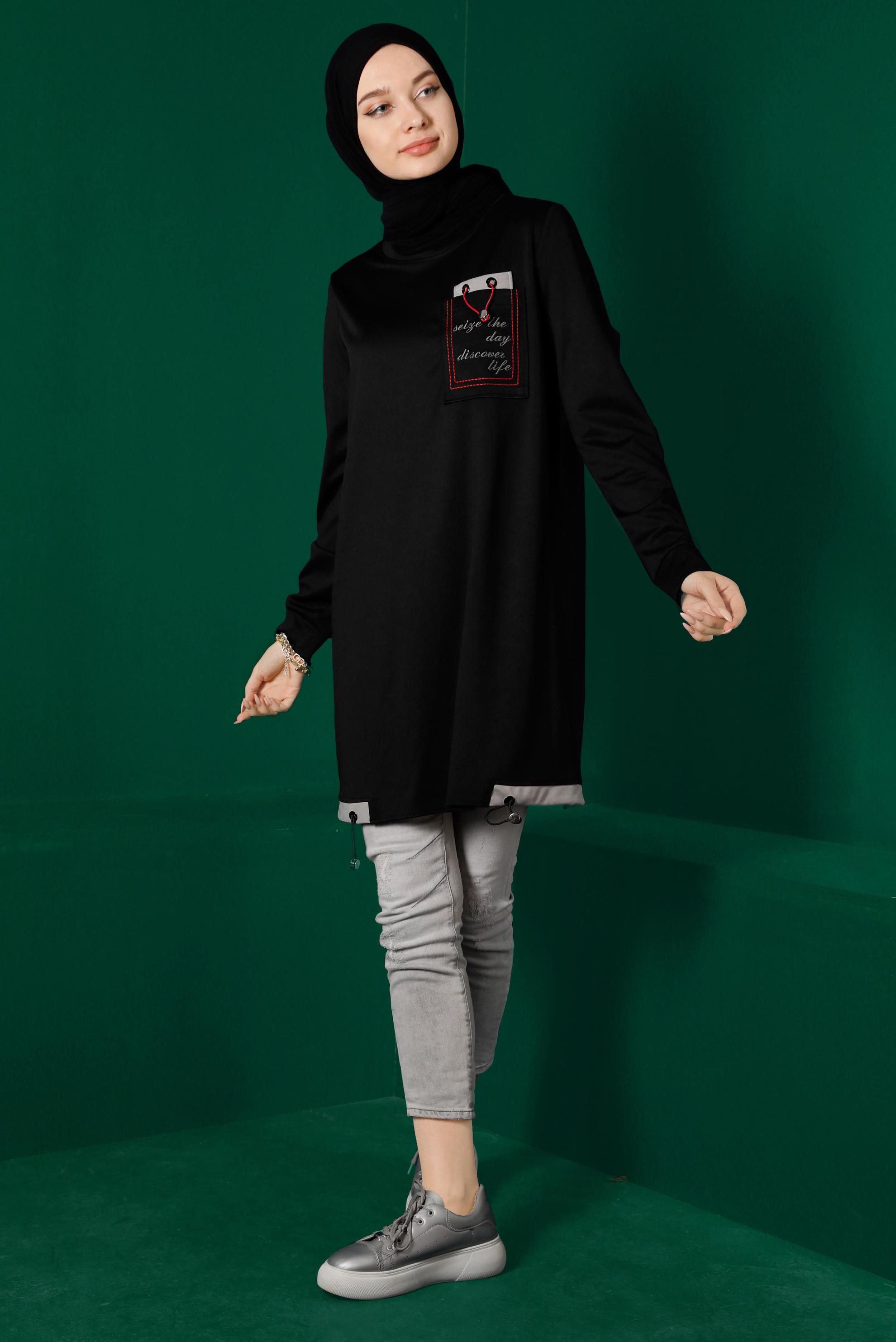 Tesettür giyim SİYAH YAZI DETAYLI EŞOFMAN TUNİK 43310 