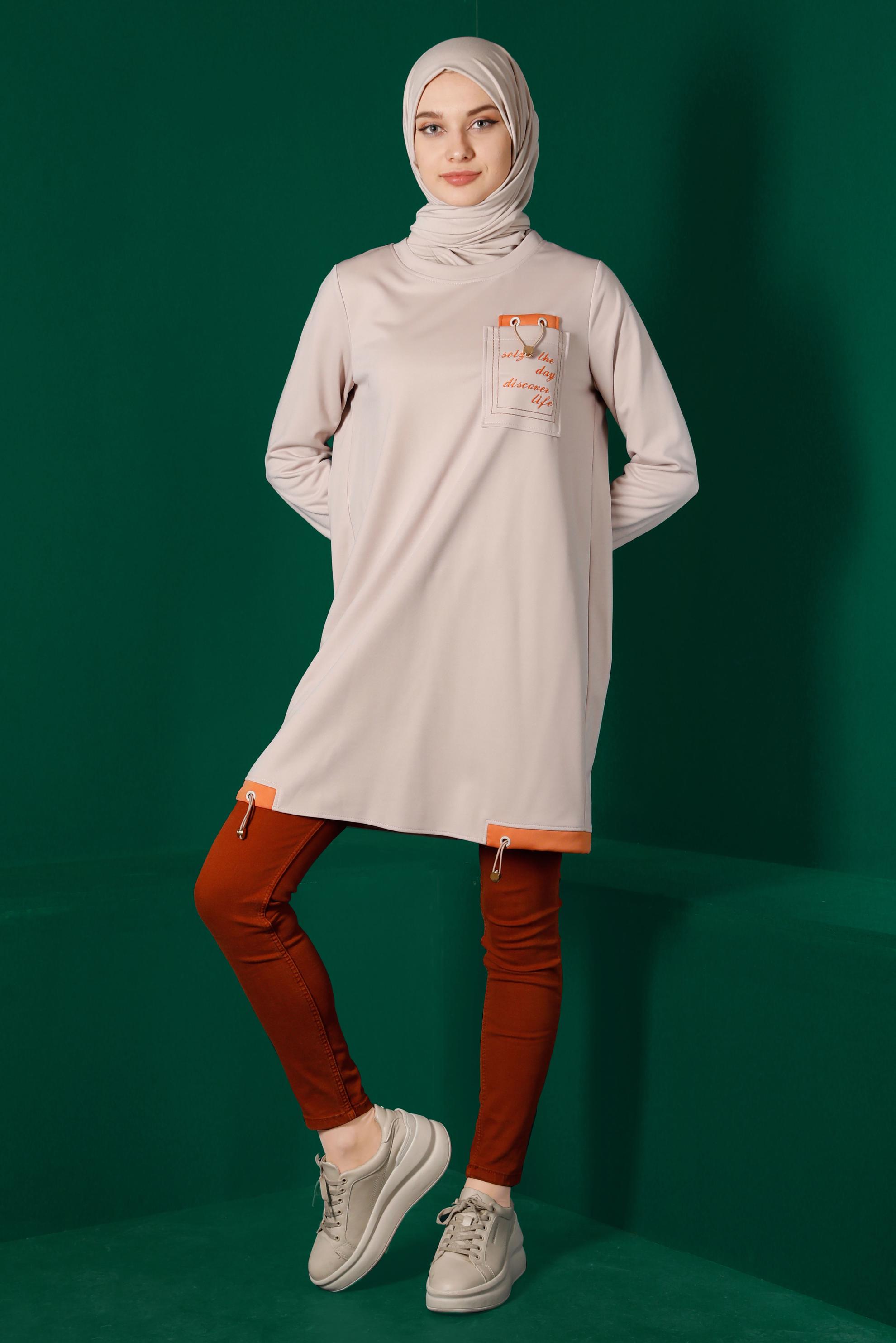 Vêtements hijab BEIGE TUNIQUE DE SURVÊTEMENT DÉTAILS SLOGAN 43310