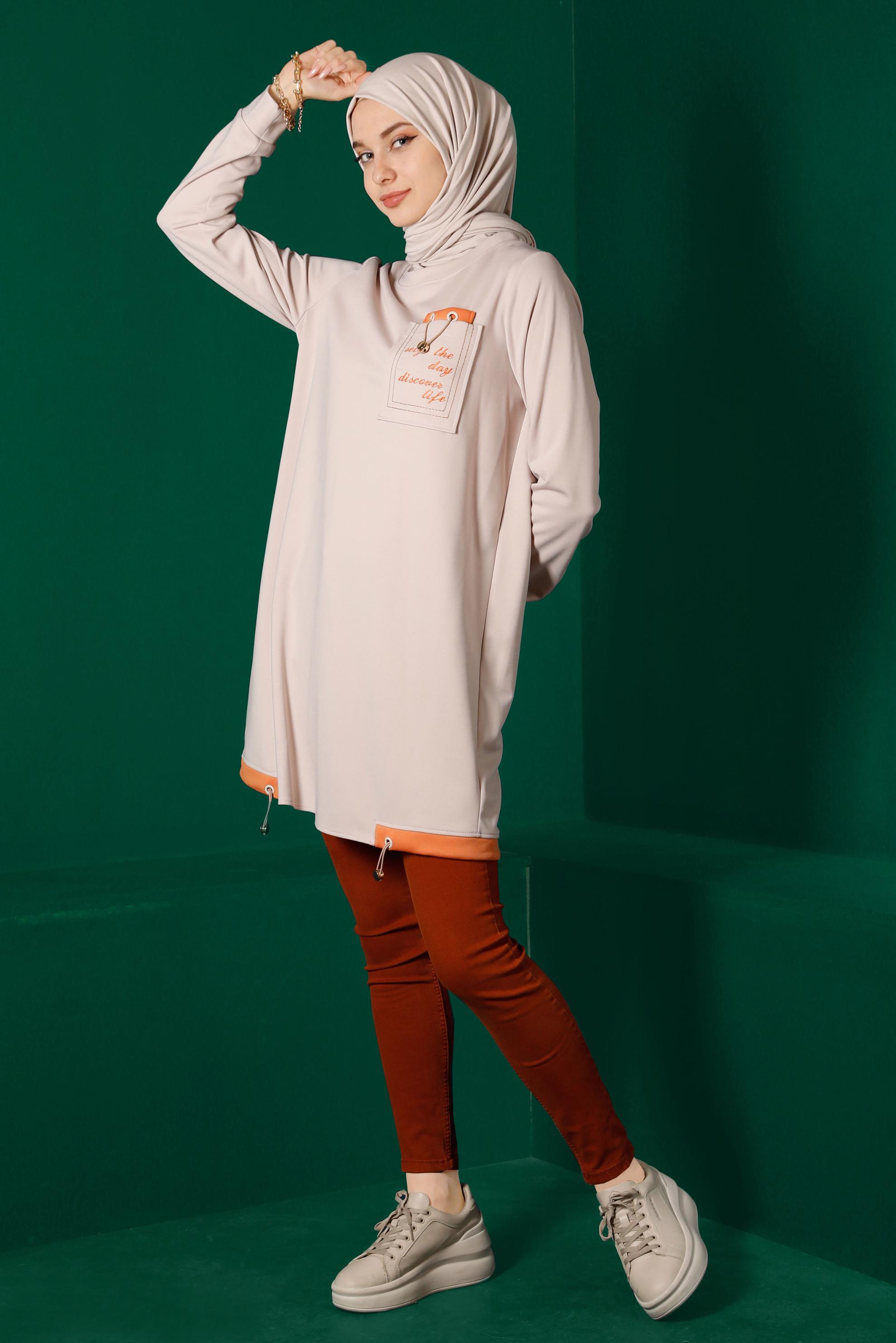 Vêtements hijab BEIGE TUNIQUE DE SURVÊTEMENT DÉTAILS SLOGAN 43310