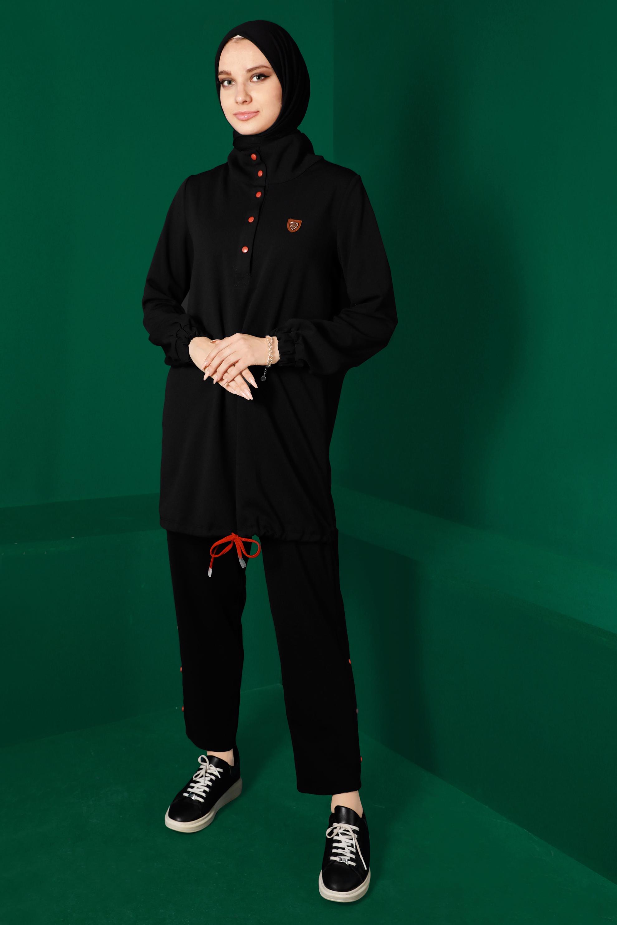Hijab clothing BLACK 2-PIECE PANTS SUIT WITH SMOCKING HEM 43340