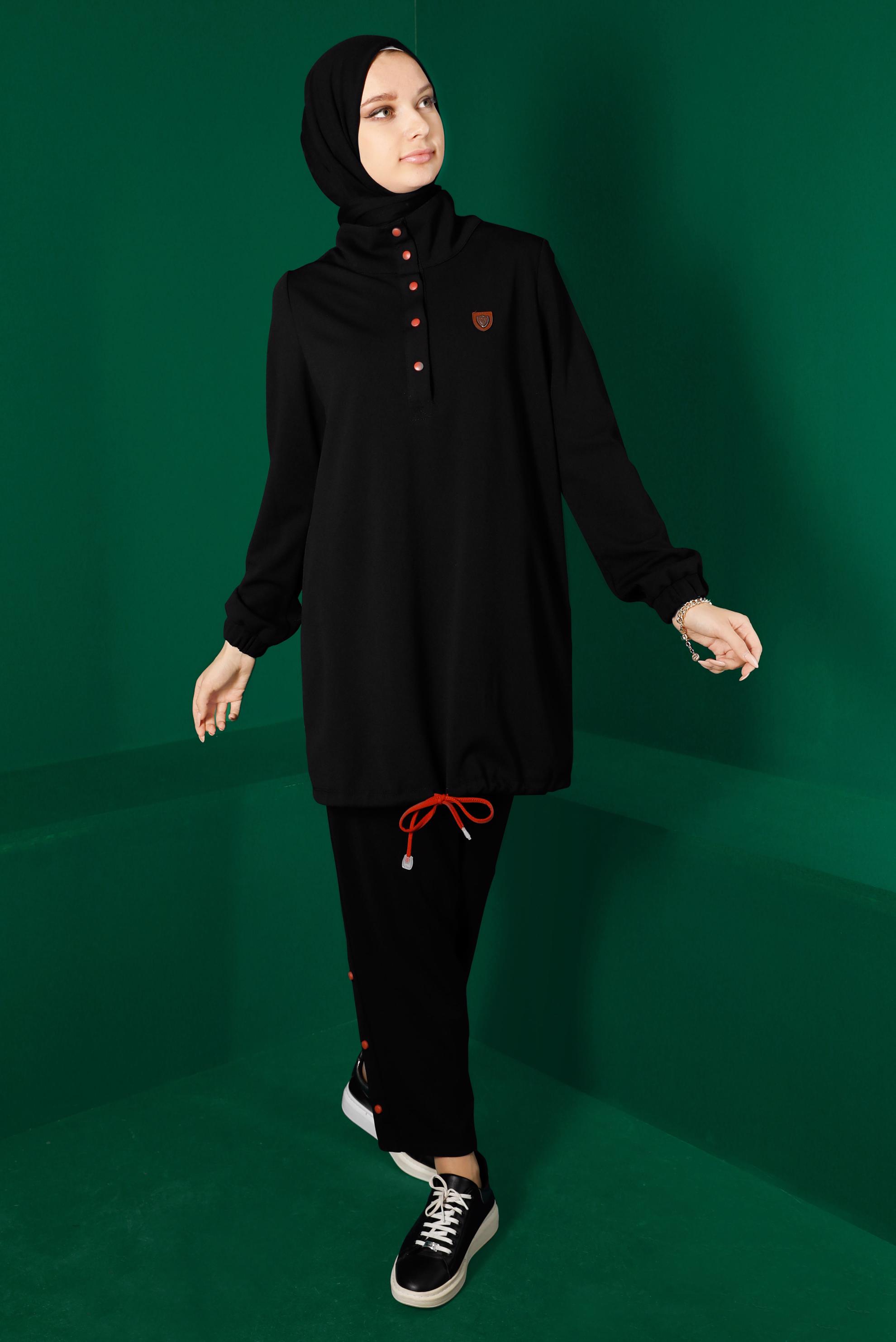 Hijab clothing BLACK 2-PIECE PANTS SUIT WITH SMOCKING HEM 43340
