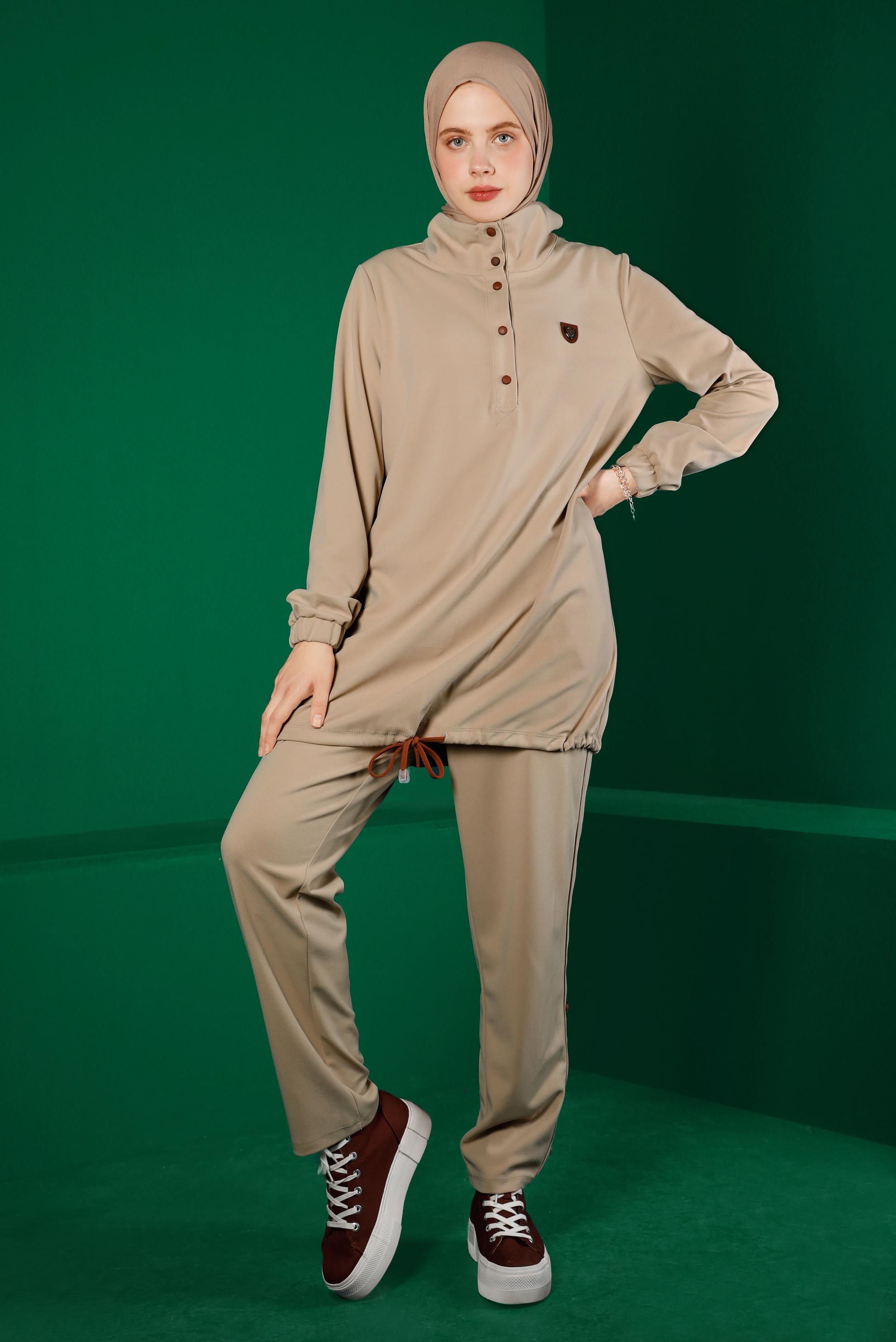 Vêtements hijab BEIGE ENSEMBLE PANTALON 2 PIÈCES AVEC BAS SMOCKÉ 43340