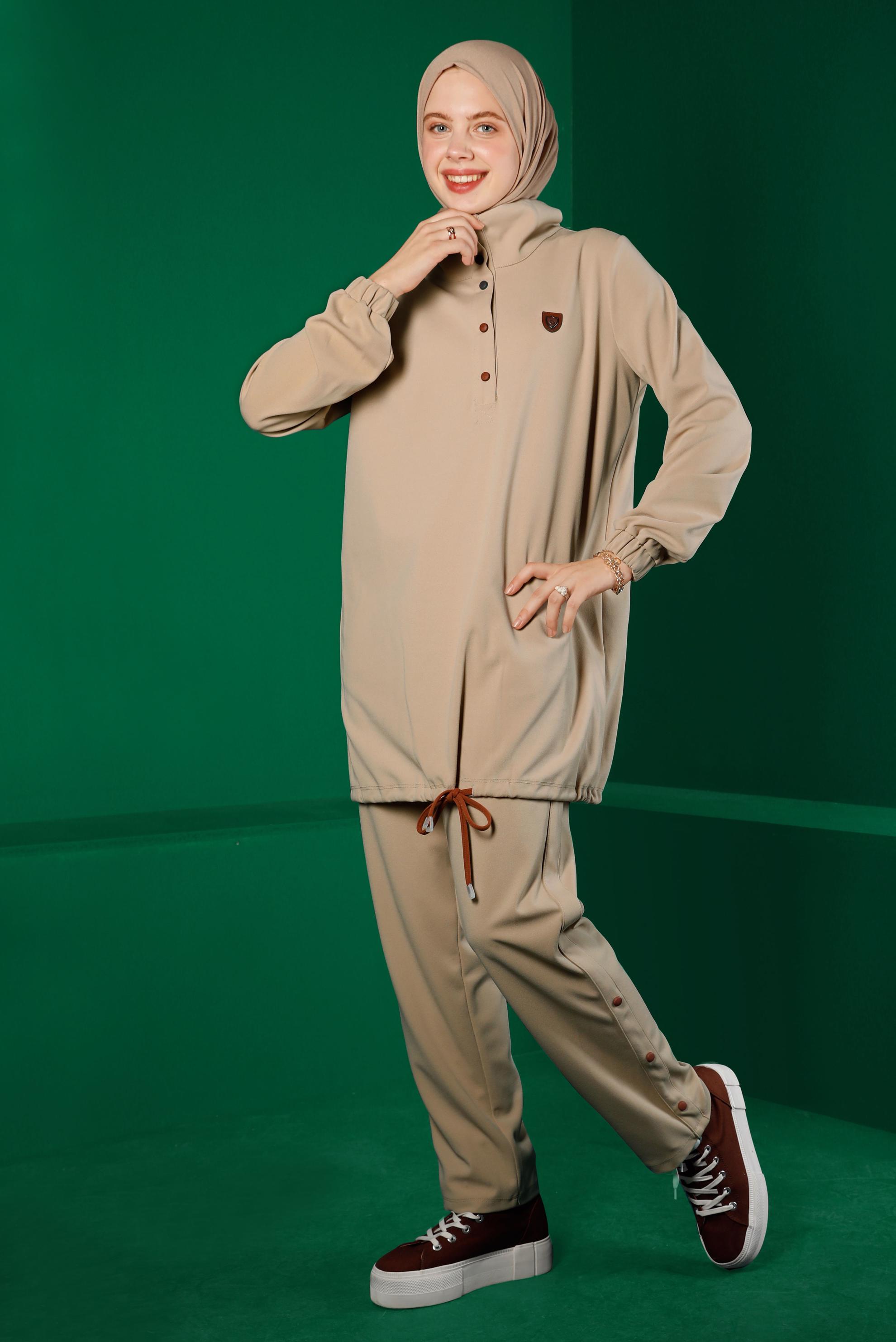 Vêtements hijab BEIGE ENSEMBLE PANTALON 2 PIÈCES AVEC BAS SMOCKÉ 43340