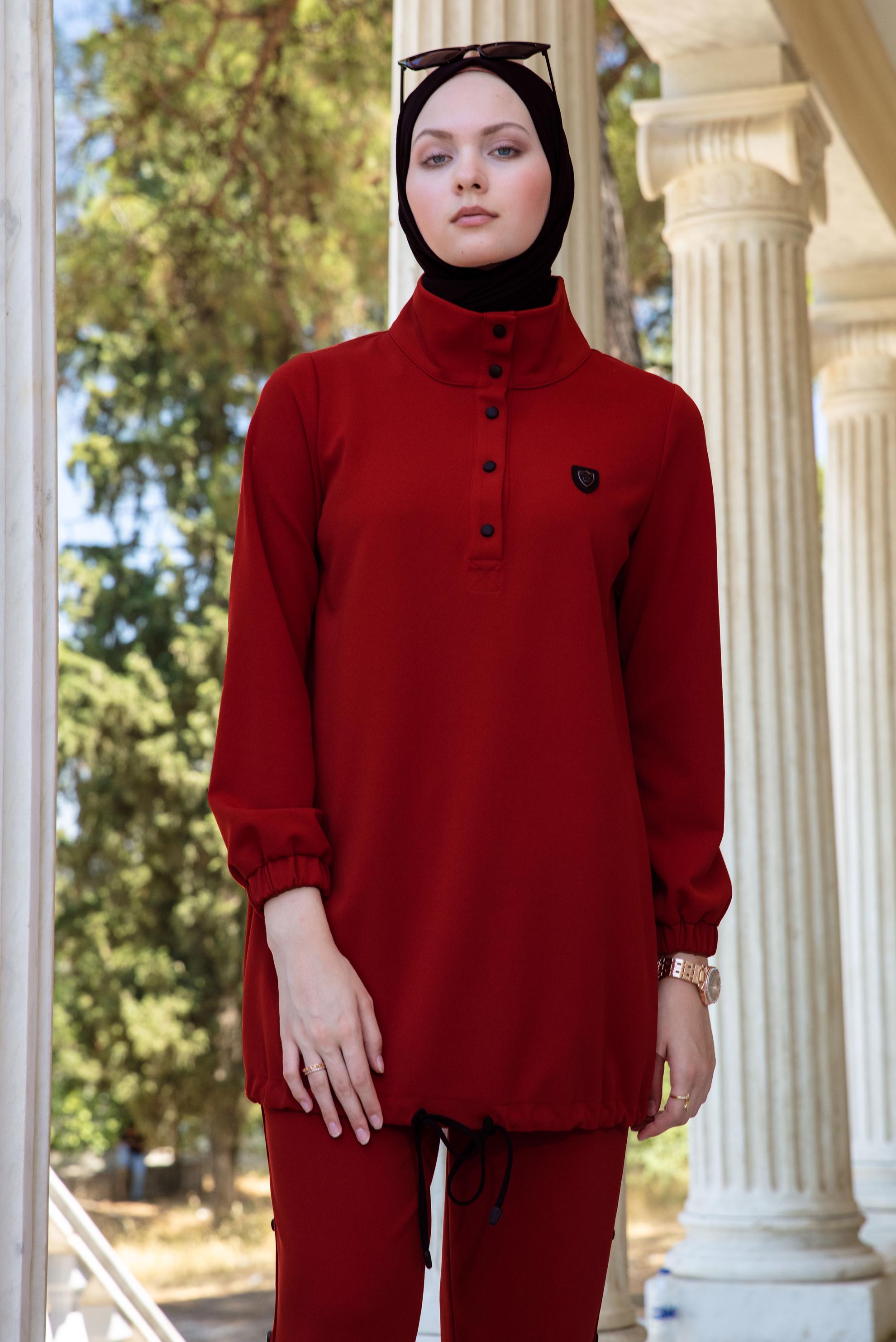 Vêtements hijab ROUGE ENSEMBLE PANTALON 2 PIÈCES AVEC BAS SMOCKÉ 43340