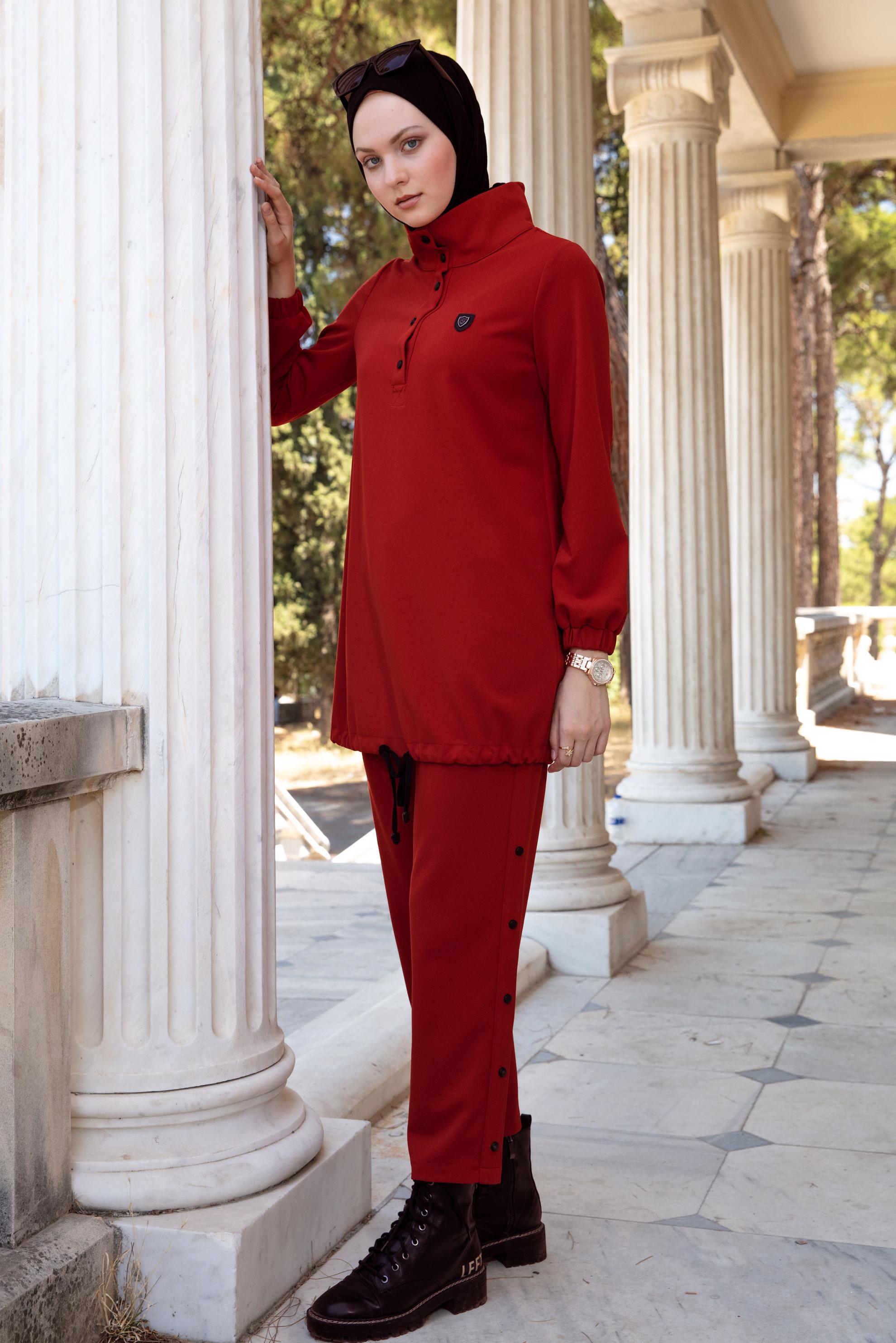 Vêtements hijab ROUGE ENSEMBLE PANTALON 2 PIÈCES AVEC BAS SMOCKÉ 43340